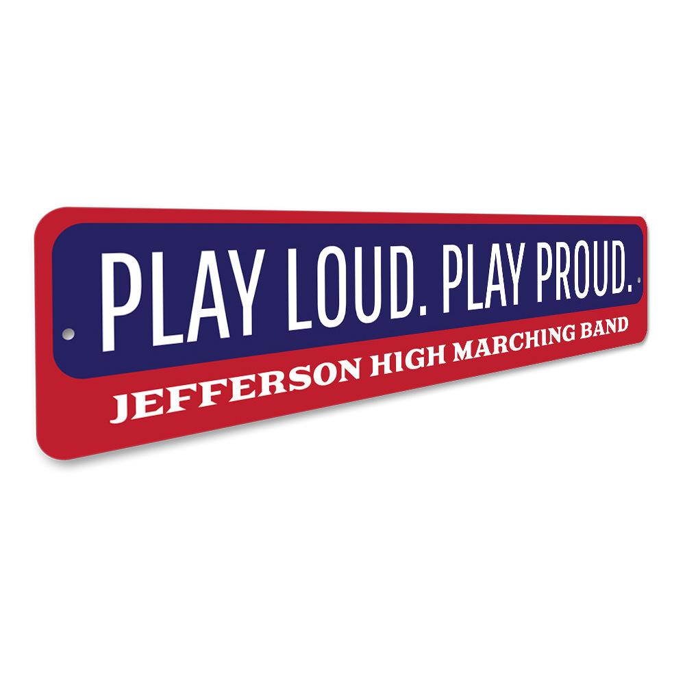 A decorative Play Music Sign made of high-quality aluminum, featuring vibrant colors and customizable text, perfect for music lovers.