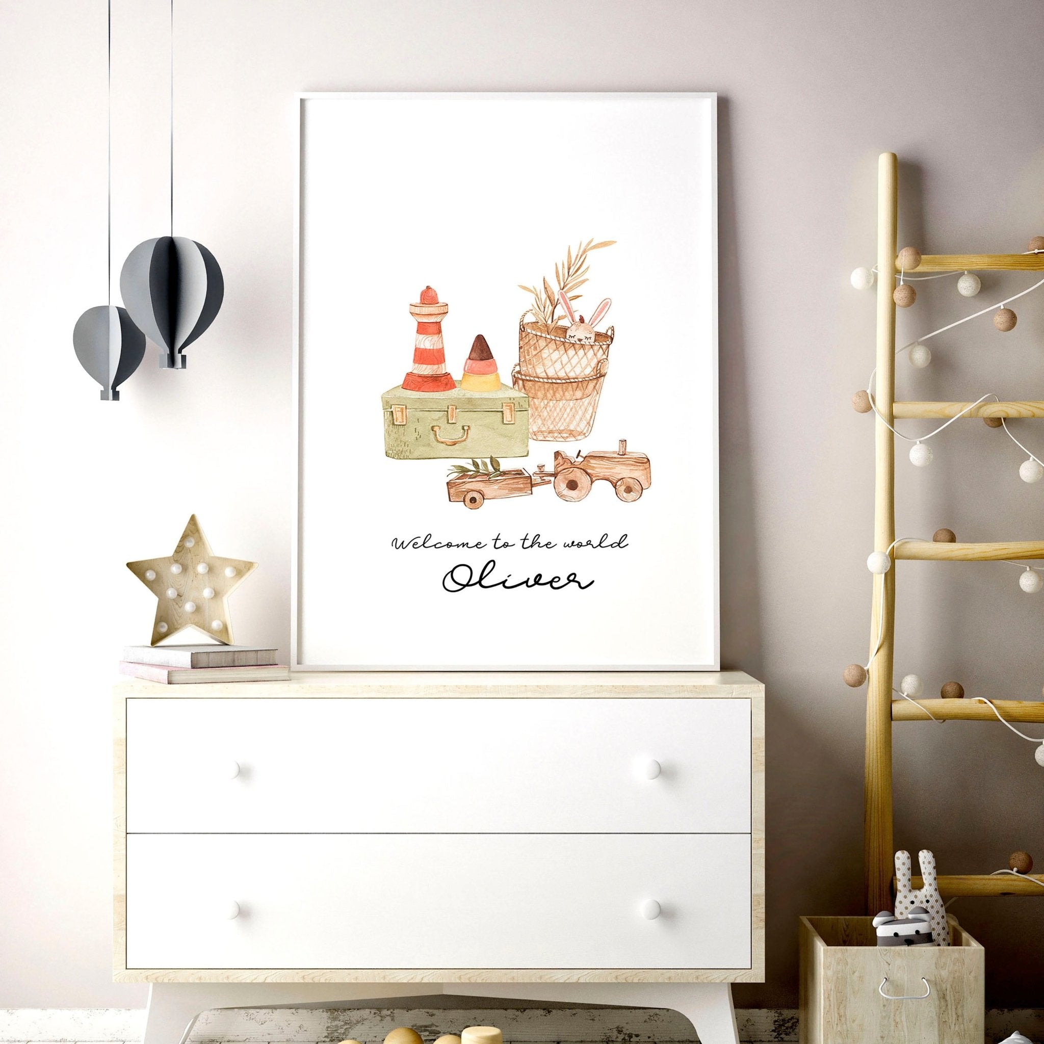 A charming wall art print for baby boy's playroom featuring vintage-style toys and a customizable name design, perfect for inspiring creativity.