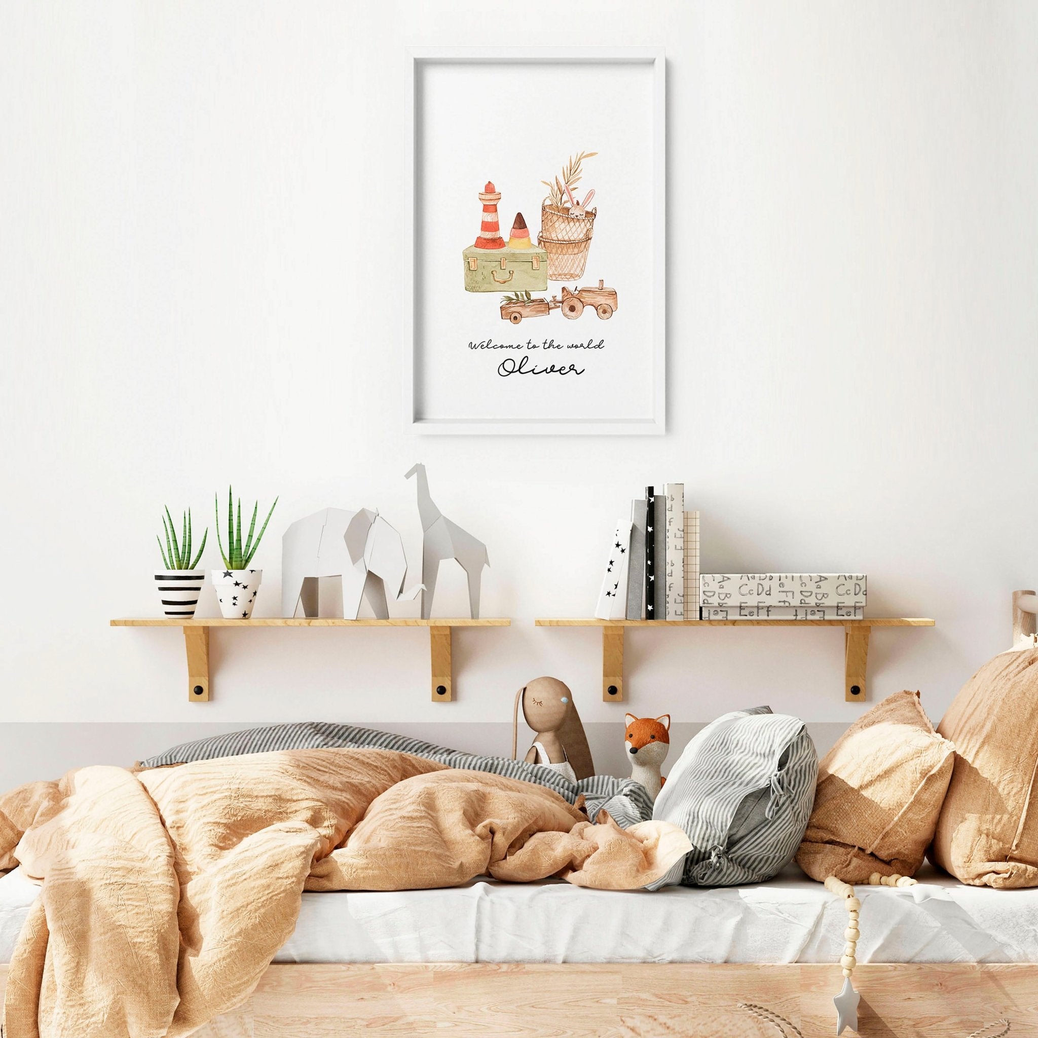 A charming wall art print for baby boy's playroom featuring vintage-style toys and a customizable name design, perfect for inspiring creativity.