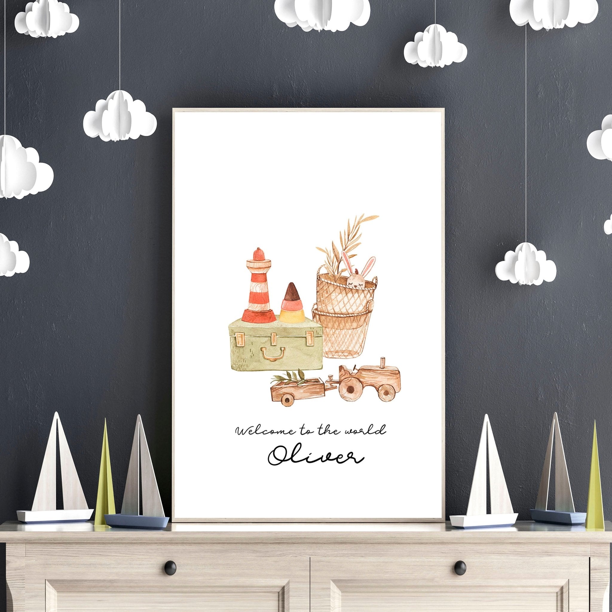 A charming wall art print for baby boy's playroom featuring vintage-style toys and a customizable name design, perfect for inspiring creativity.