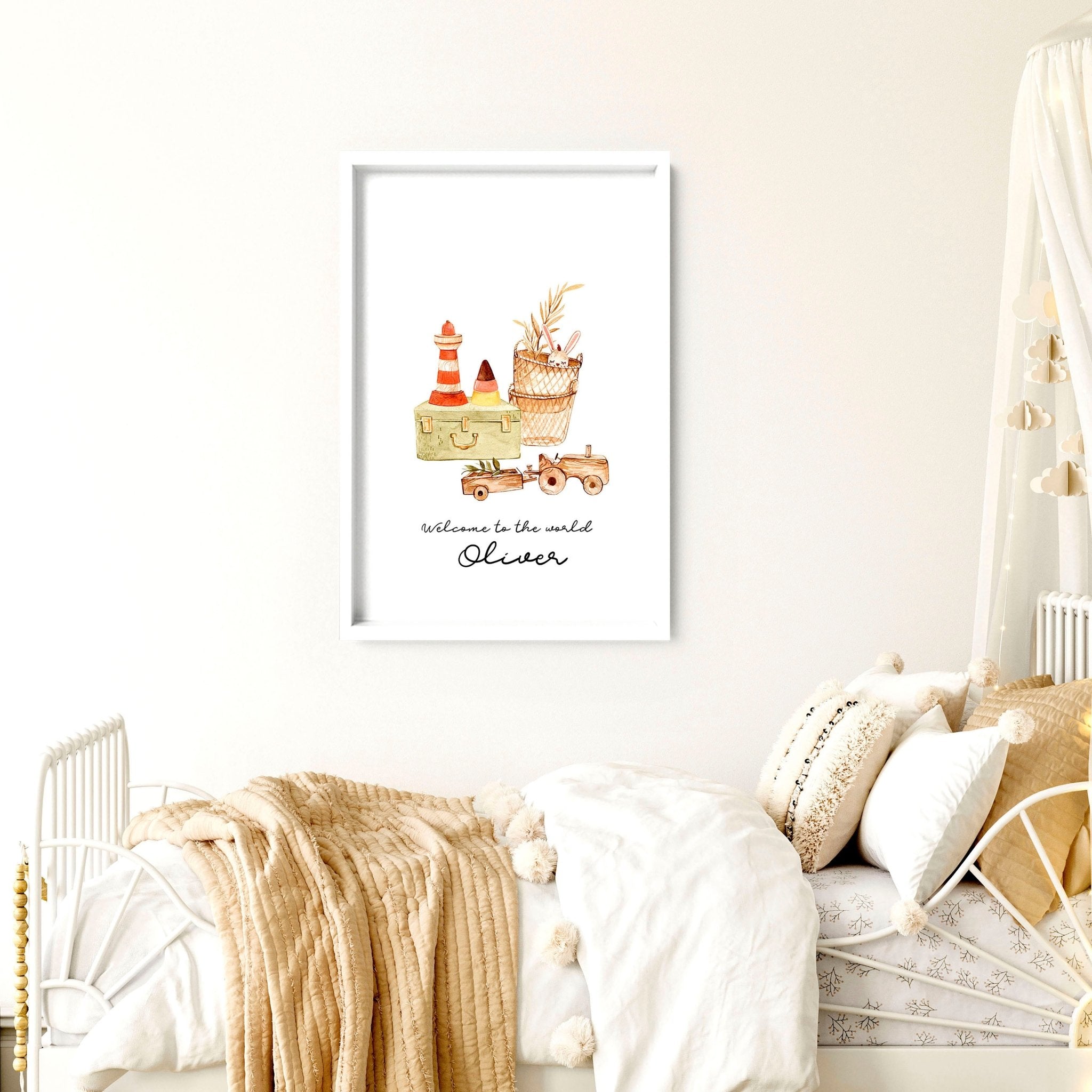 A charming wall art print for baby boy's playroom featuring vintage-style toys and a customizable name design, perfect for inspiring creativity.