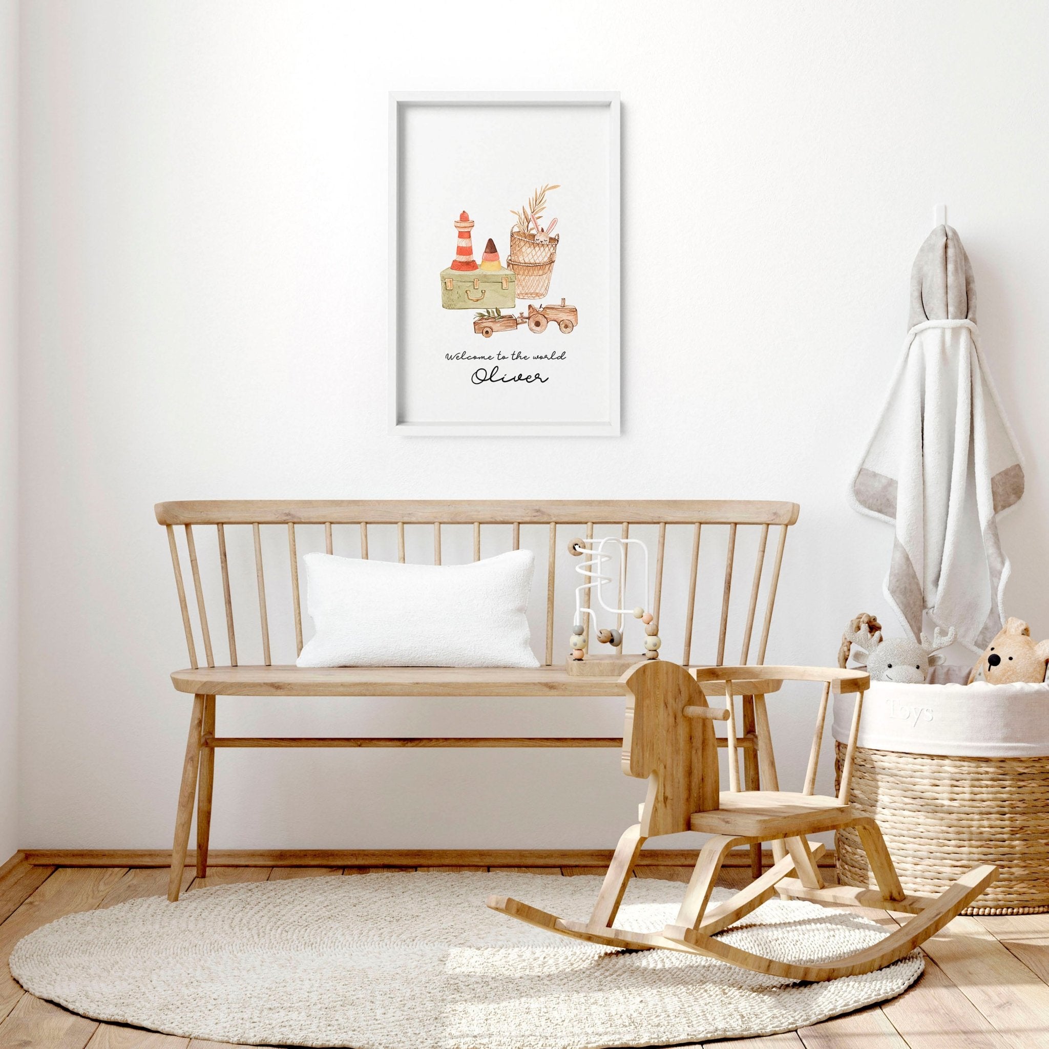 A charming wall art print for baby boy's playroom featuring vintage-style toys and a customizable name design, perfect for inspiring creativity.