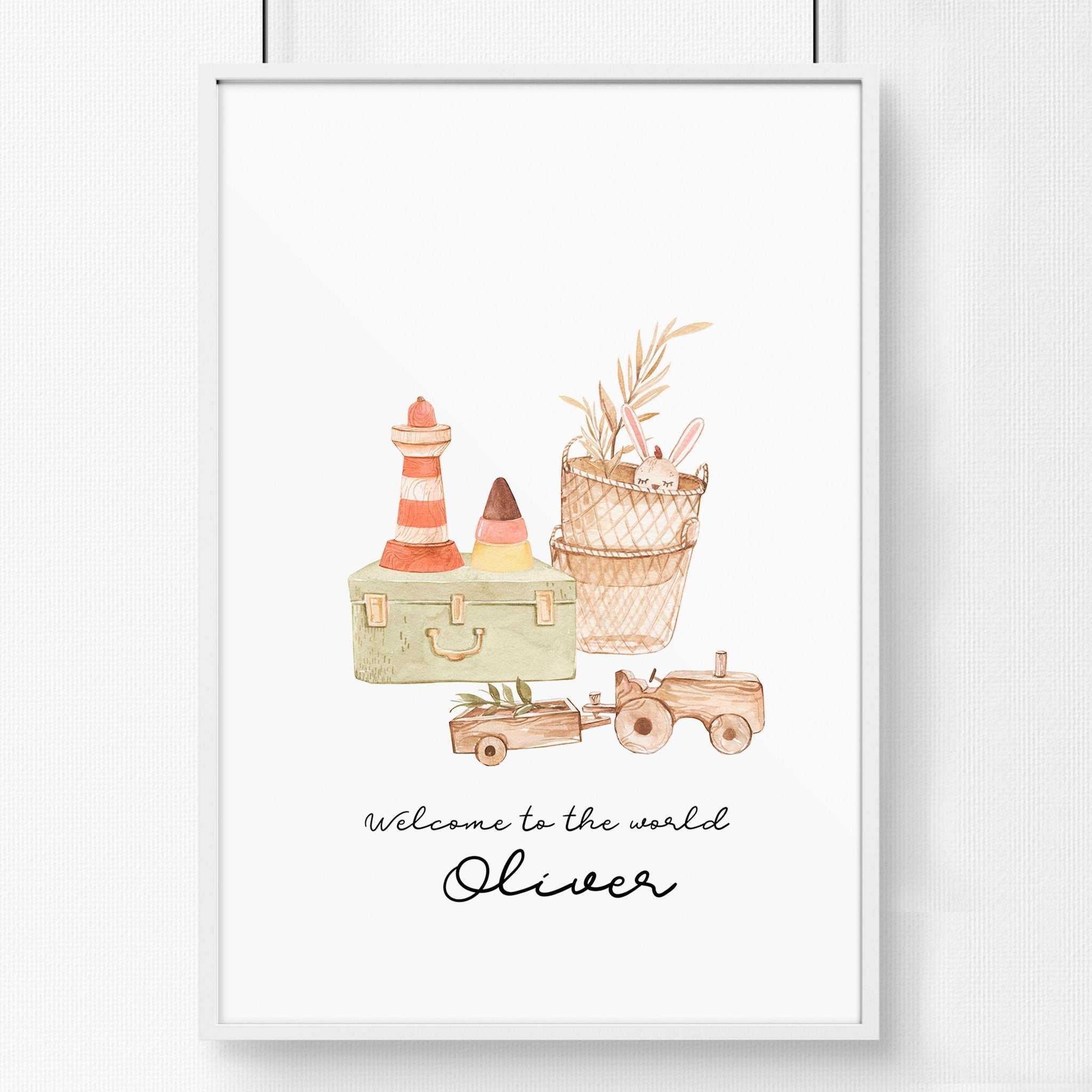 A charming wall art print for baby boy's playroom featuring vintage-style toys and a customizable name design, perfect for inspiring creativity.