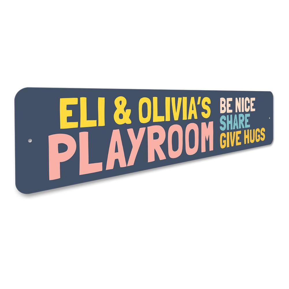 Customizable Playroom Sign made of durable aluminum, featuring vibrant colors and pre-drilled holes for easy mounting.