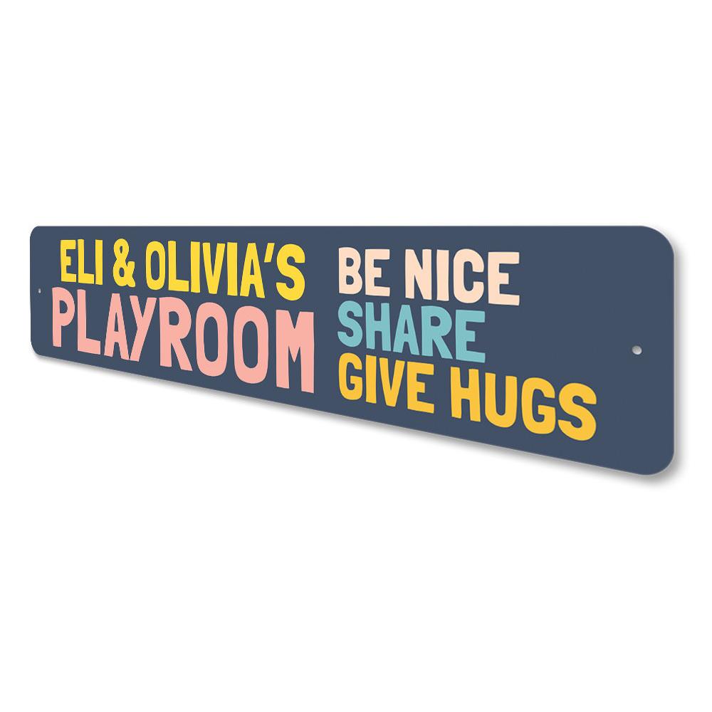 Customizable Playroom Sign made of durable aluminum, featuring vibrant colors and pre-drilled holes for easy mounting.