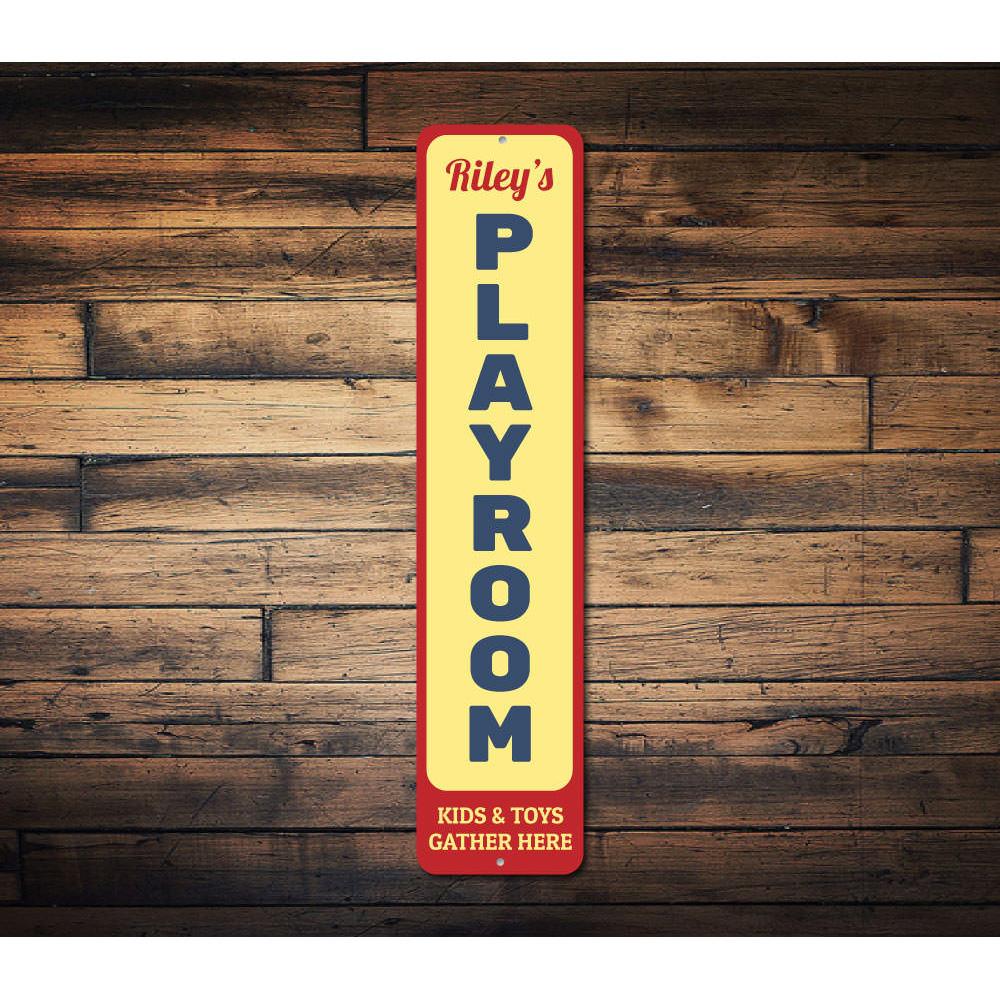 A colorful Playroom Vertical Sign made of aluminum, featuring customizable text and playful designs, perfect for children's rooms.