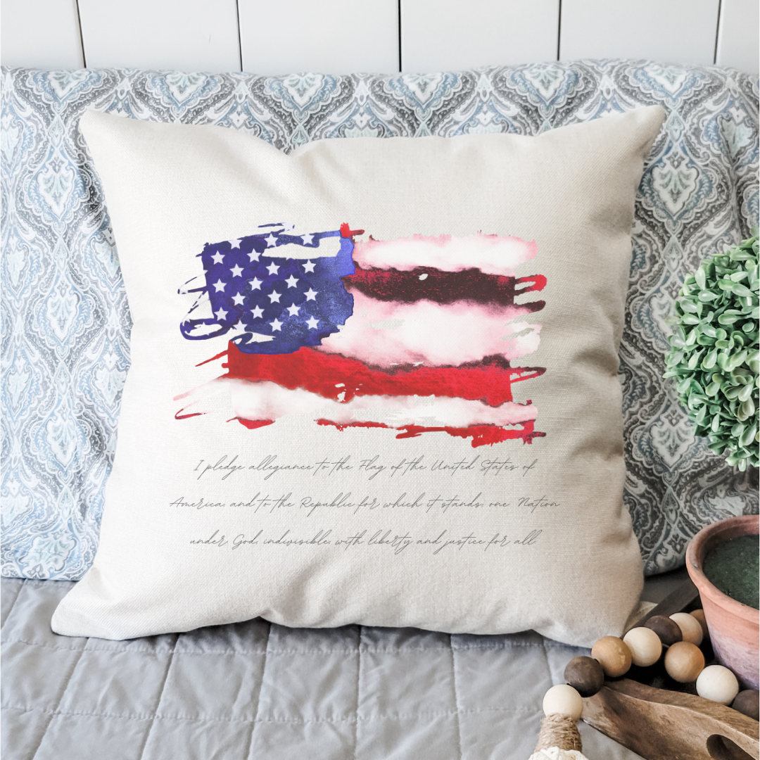 Pledge of Allegiance Pillow Cover featuring a patriotic design on soft linen fabric, with a hidden zipper and light beige background.