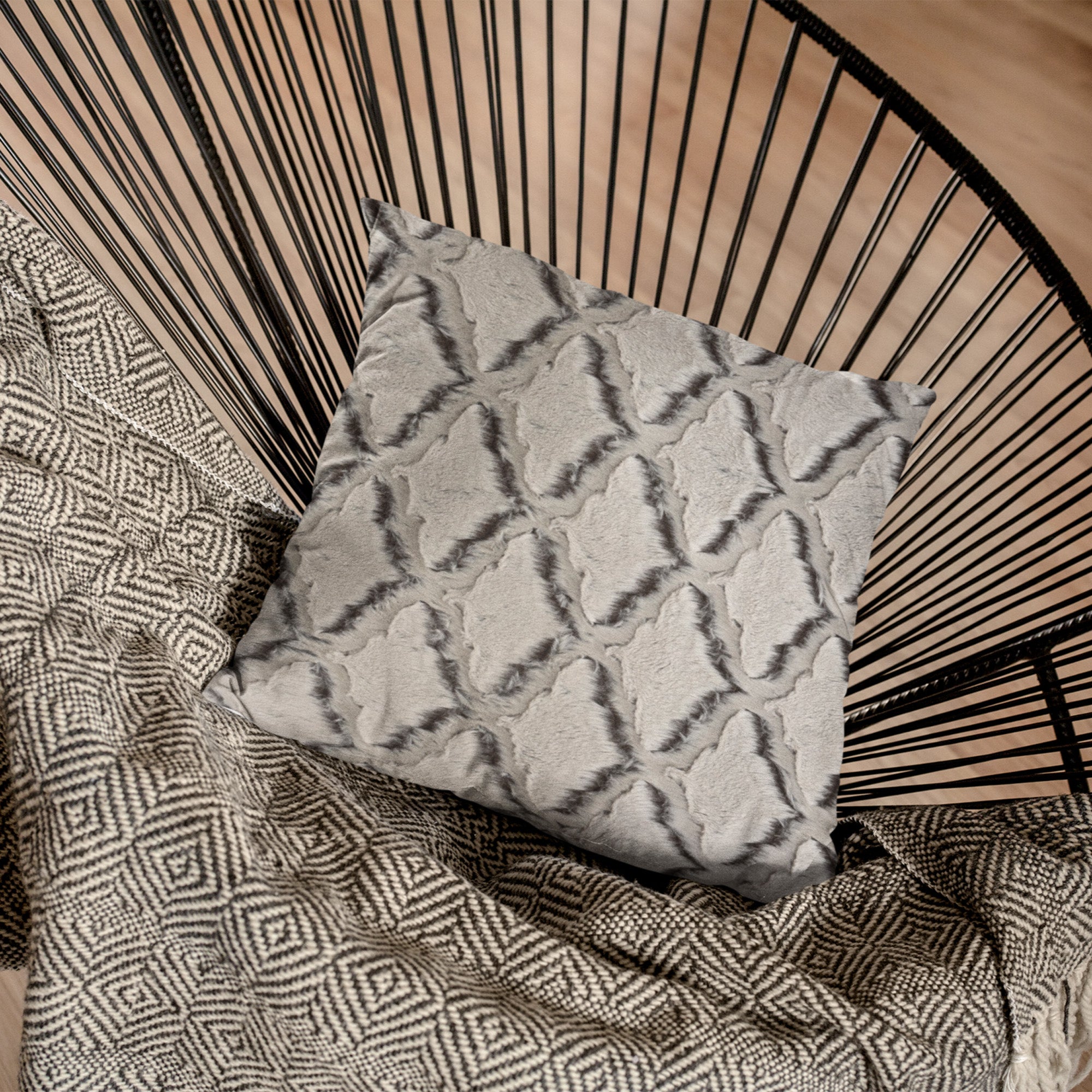 Plutus Brown Beige Diamond Faux Fur Luxury Throw Pillow showcasing its plush texture and elegant diamond pattern.