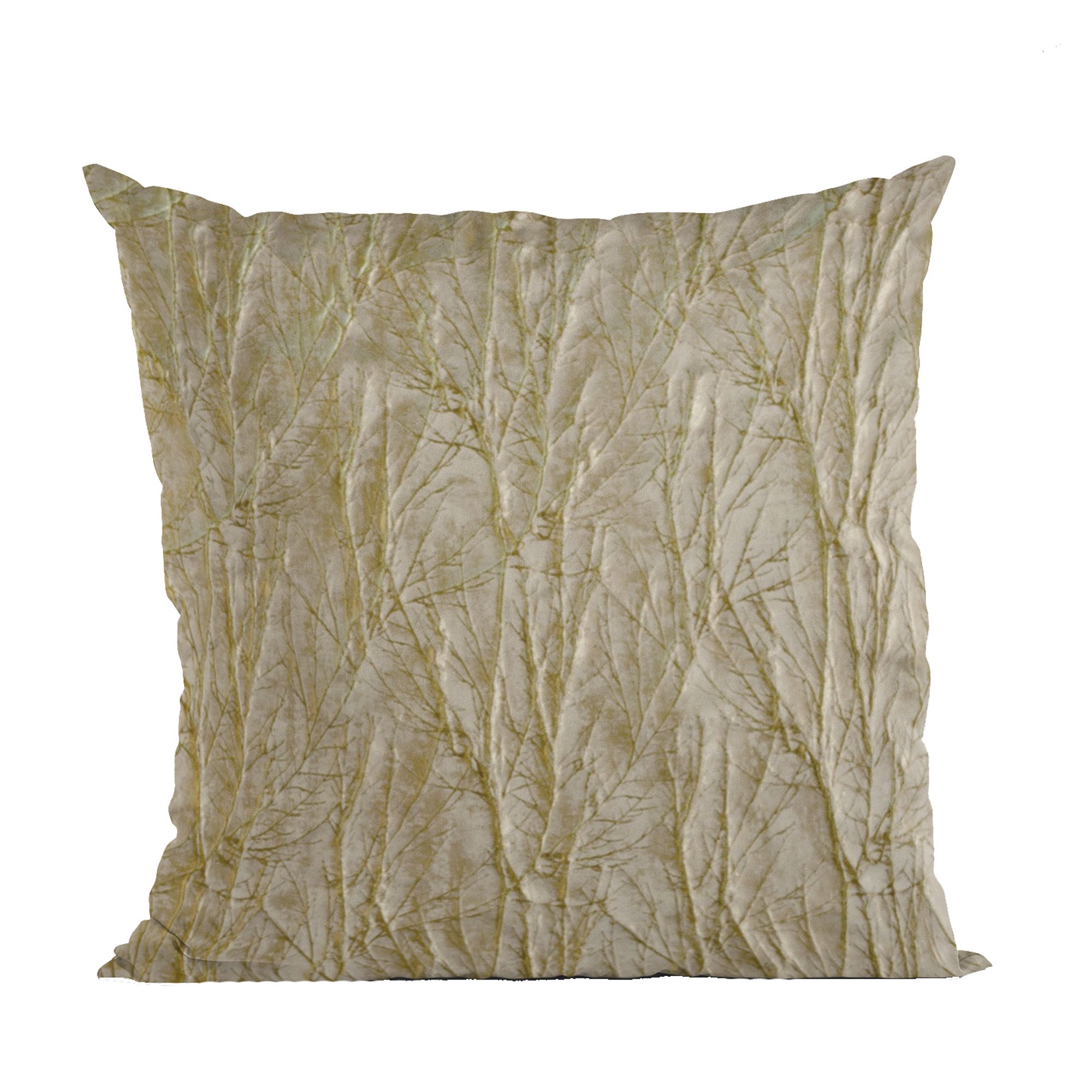 Plutus Golden Yarns Luxury Throw Pillow featuring shiny twig pattern and 3D effect, showcasing its elegant golden fabric and professional finish.