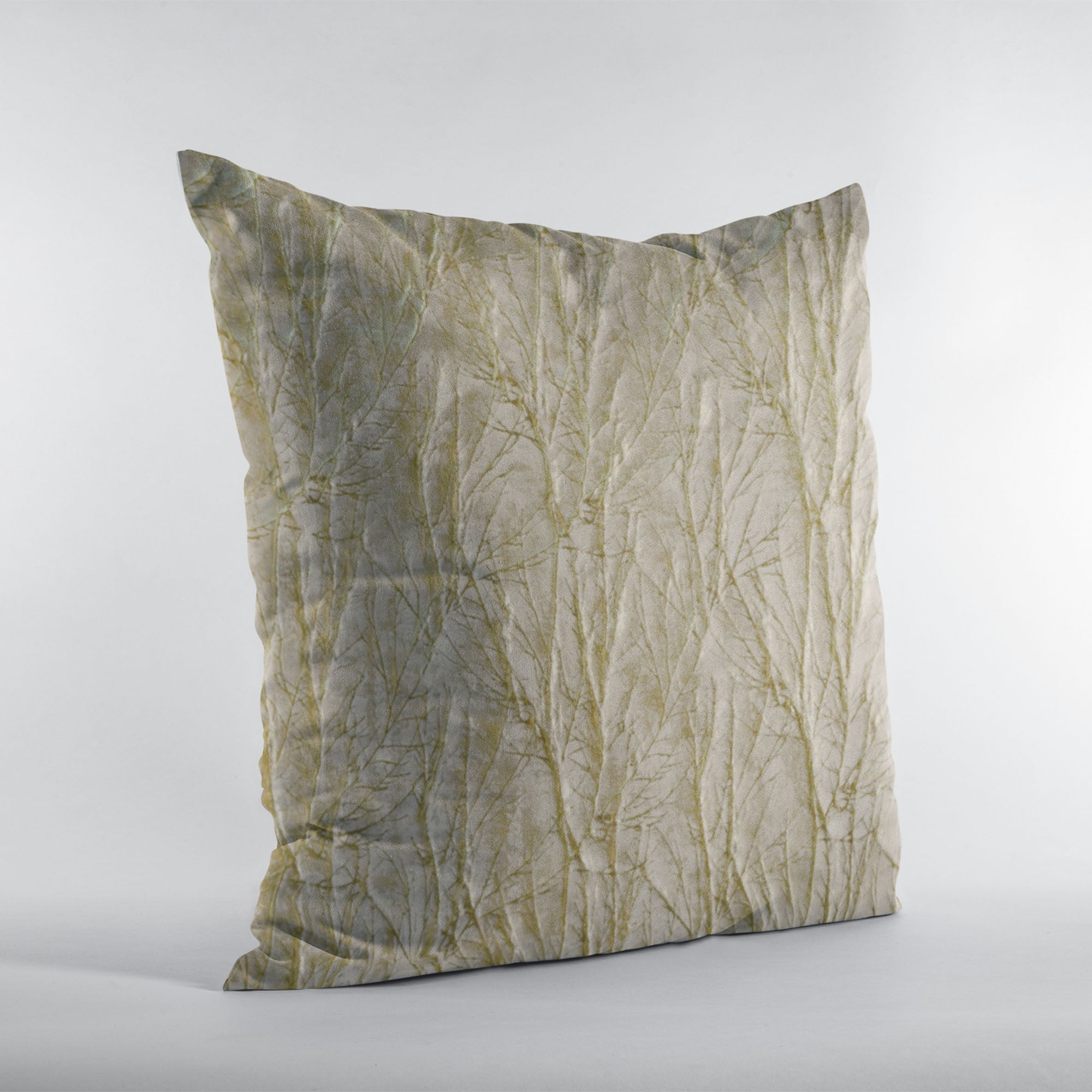 Plutus Golden Yarns Luxury Throw Pillow featuring shiny twig pattern and 3D effect, showcasing its elegant golden fabric and professional finish.