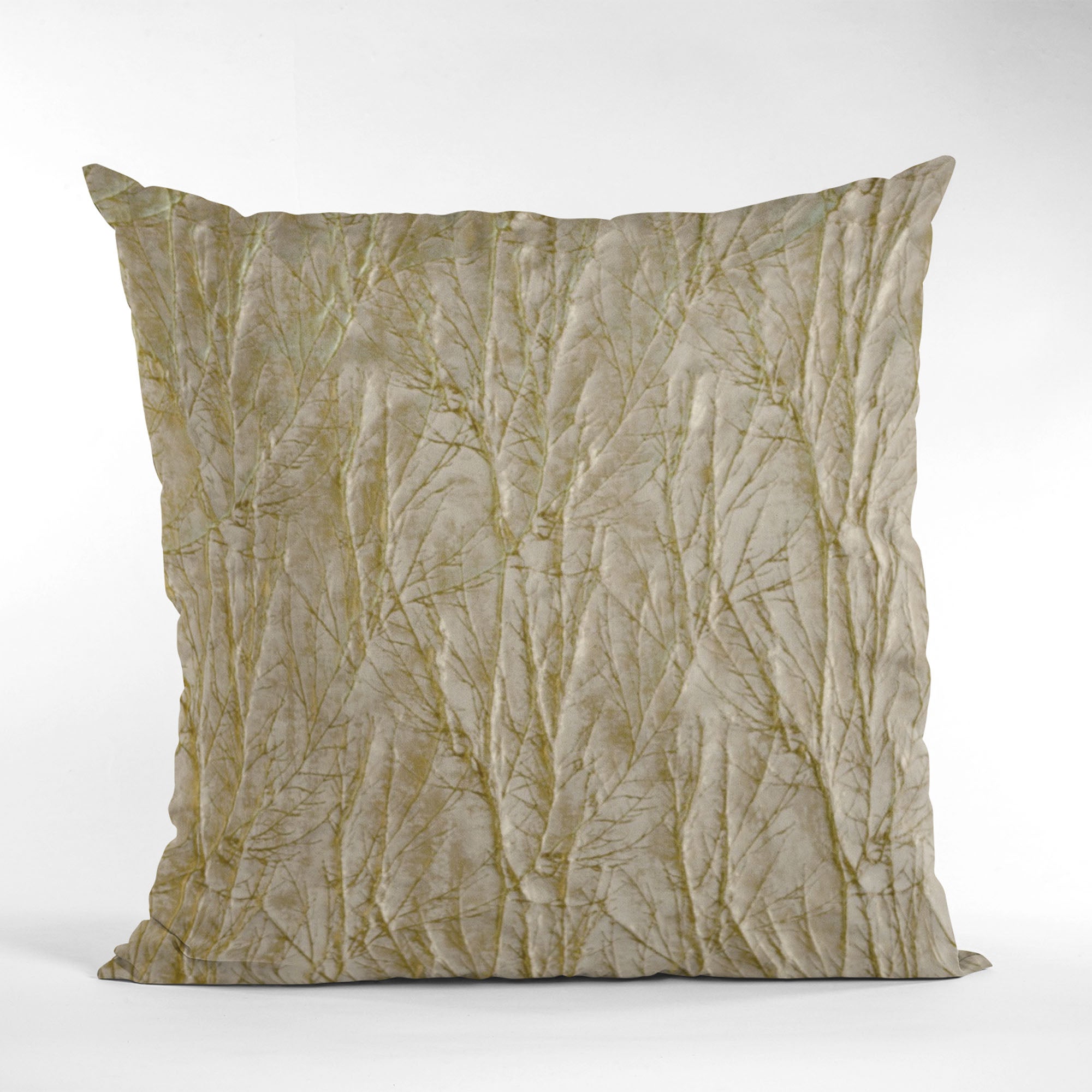 Plutus Golden Yarns Luxury Throw Pillow featuring shiny twig pattern and 3D effect, showcasing its elegant golden fabric and professional finish.