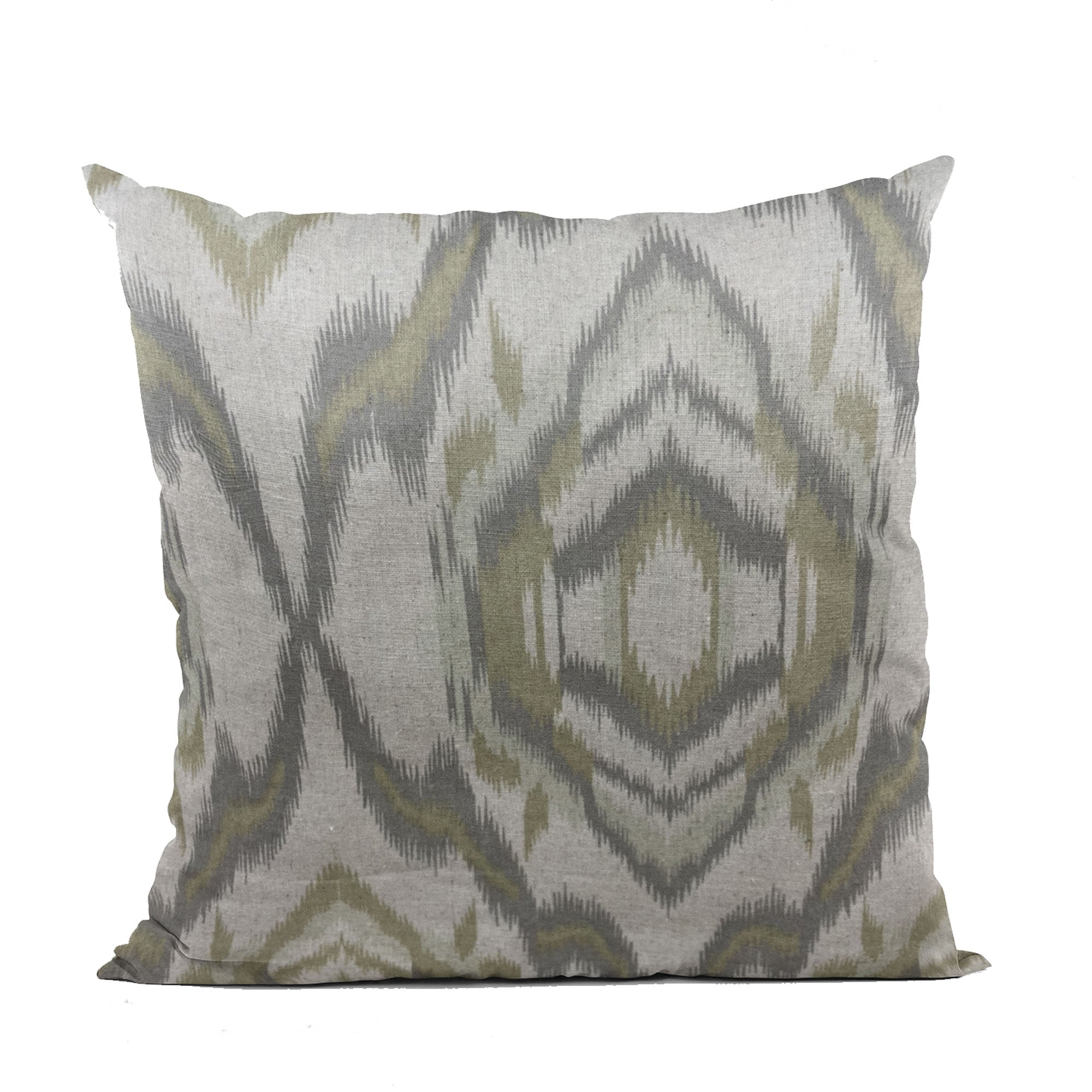 Plutus Ikat Dream Gray and Citrine Handmade Luxury Pillow showcasing a beautiful Ikat pattern with an invisible zipper enclosure.