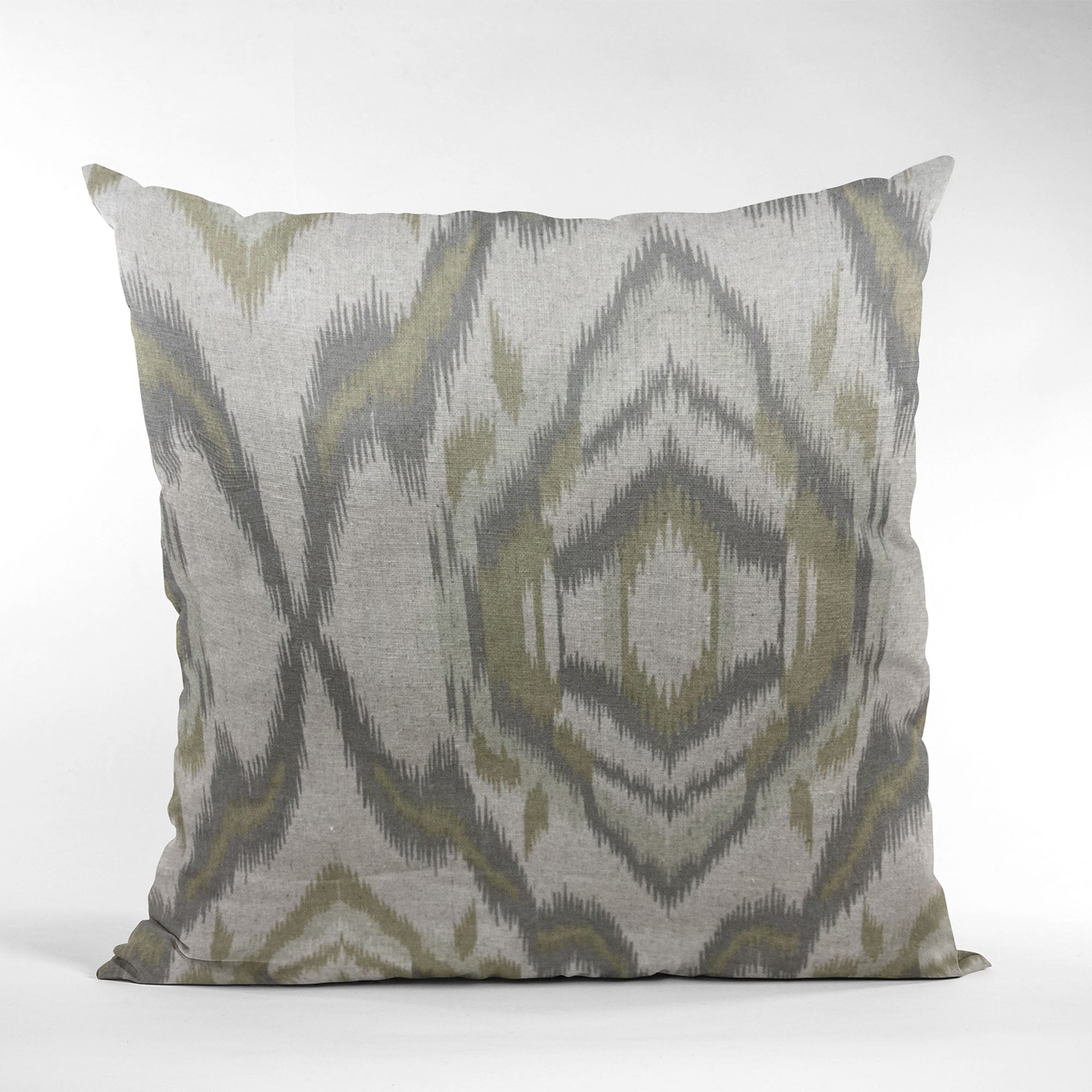 Plutus Ikat Dream Gray and Citrine Handmade Luxury Pillow showcasing a beautiful Ikat pattern with an invisible zipper enclosure.