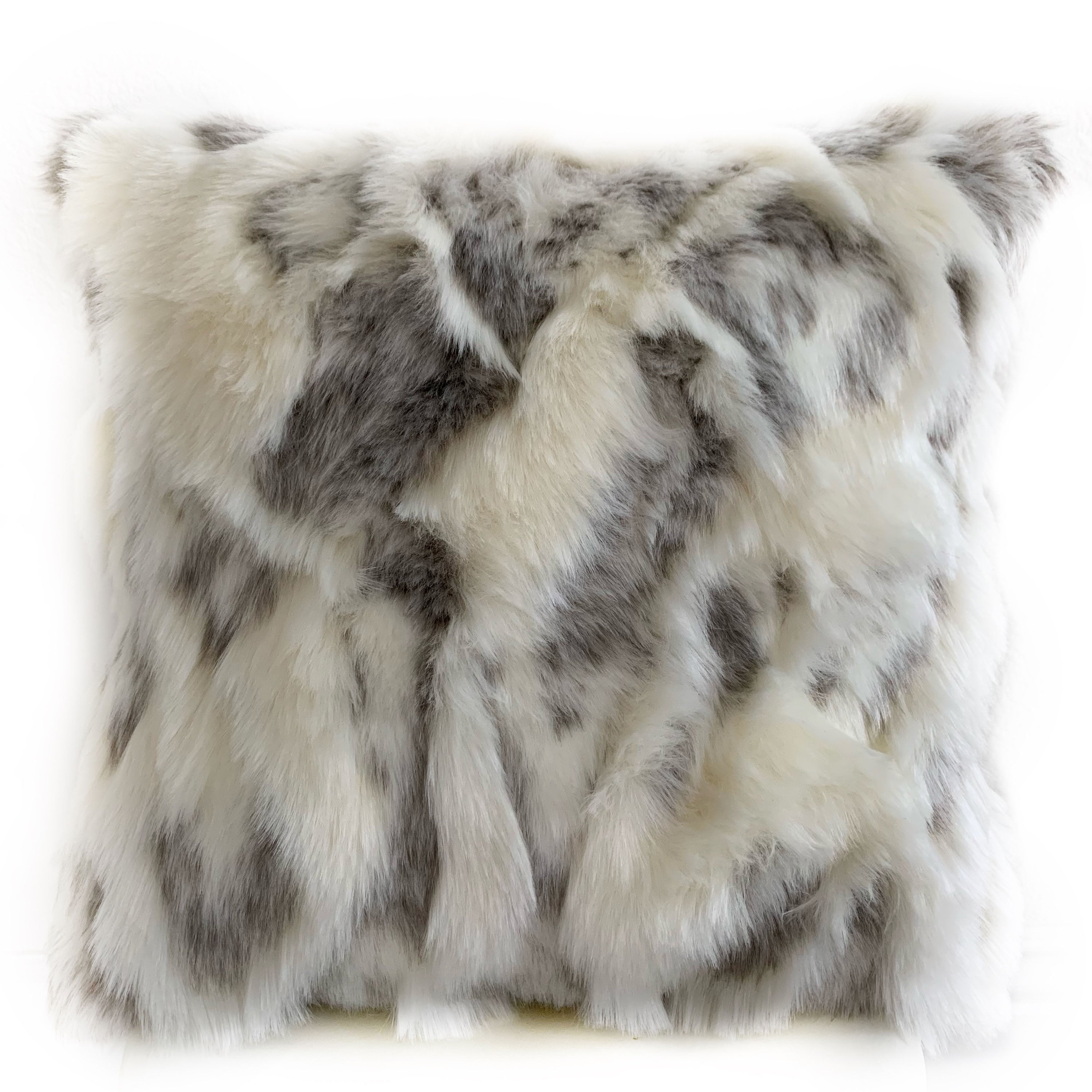 Plutus Ivory and Gray Rabbit Fur Luxury Throw Pillow showcasing a plush, double-sided design with an invisible zipper, perfect for elegant home decor.