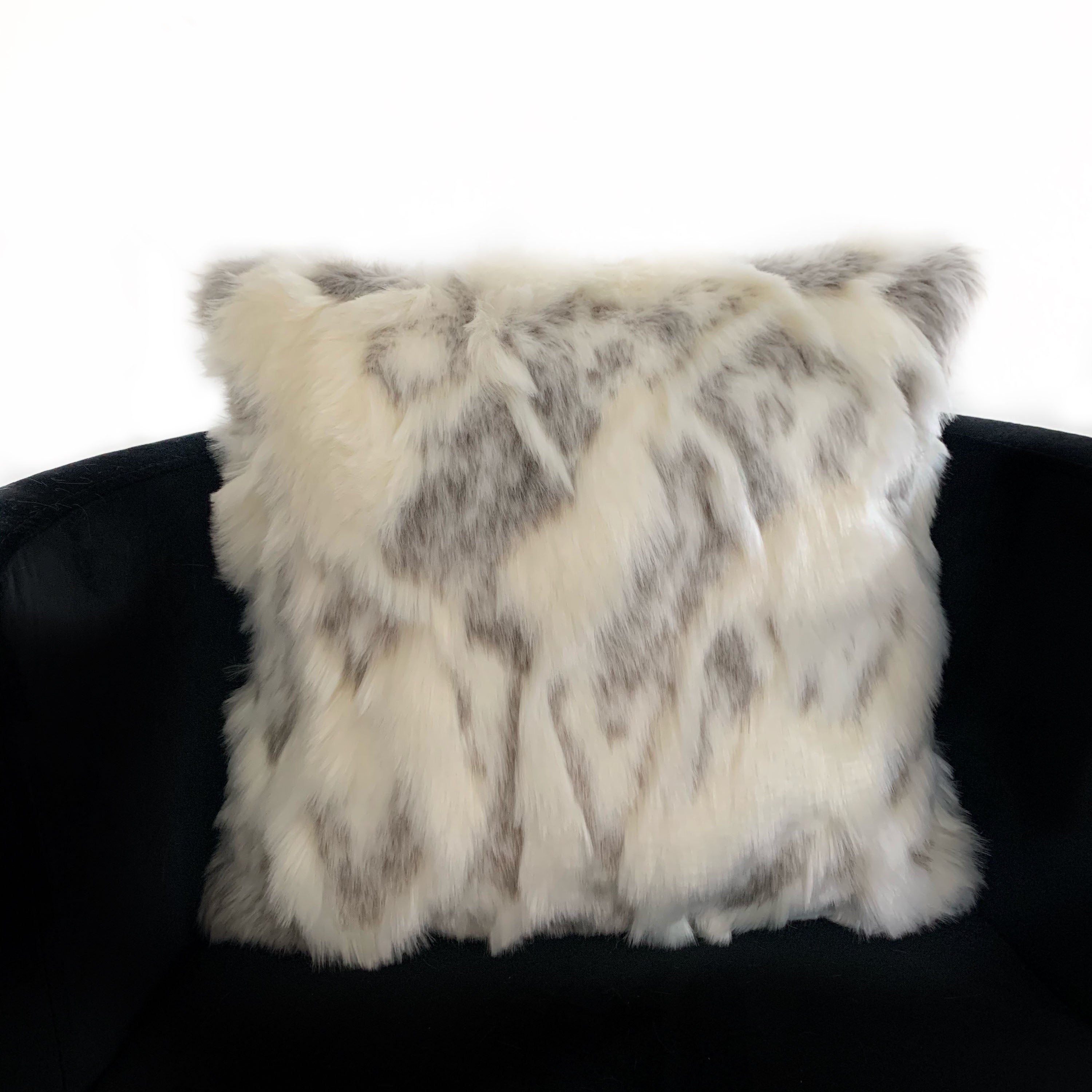 Plutus Ivory and Gray Rabbit Fur Luxury Throw Pillow showcasing a plush, double-sided design with an invisible zipper, perfect for elegant home decor.