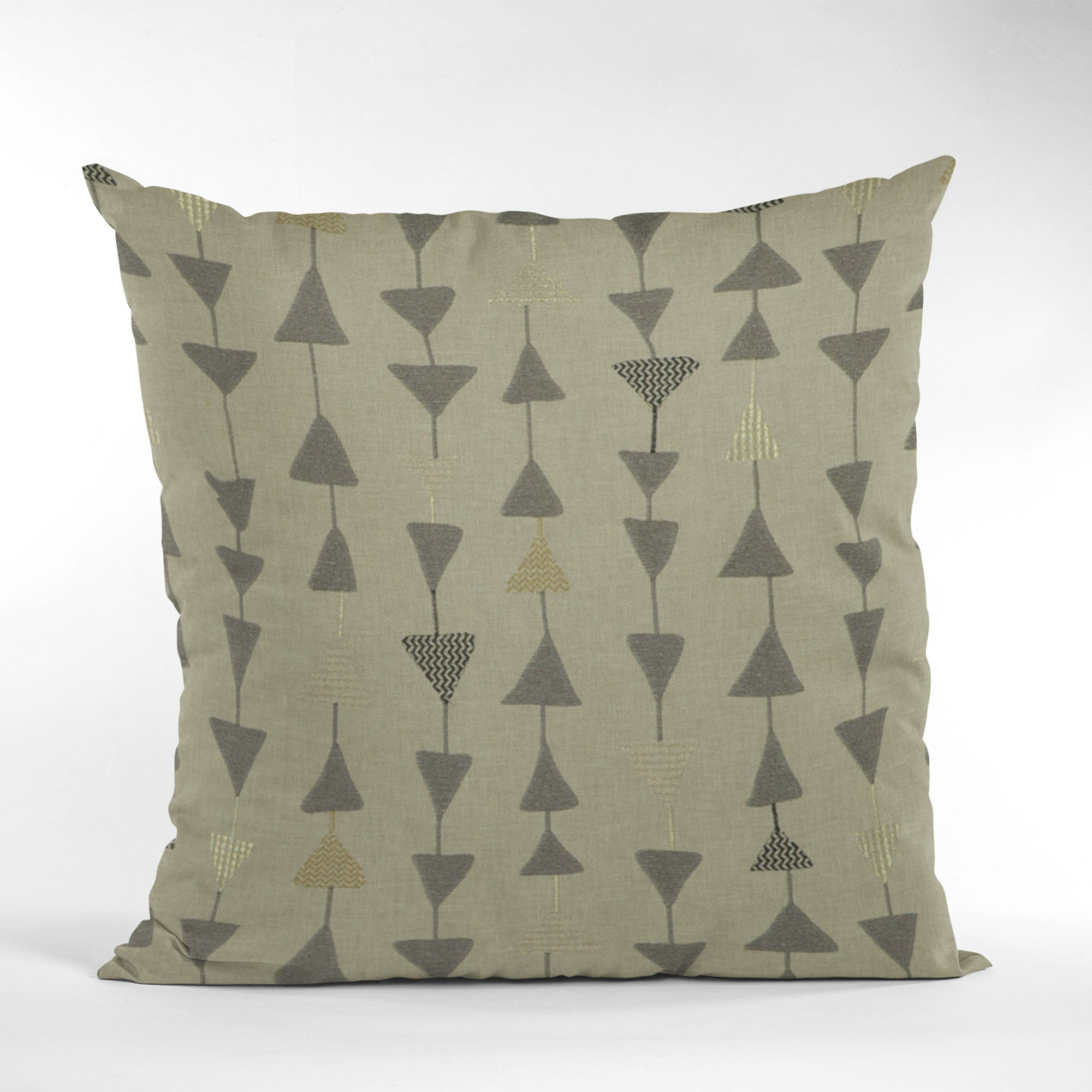 Plutus Pebble Manti Embroidery throw pillow featuring metallic triangle accents, showcasing luxurious fabric and elegant design.