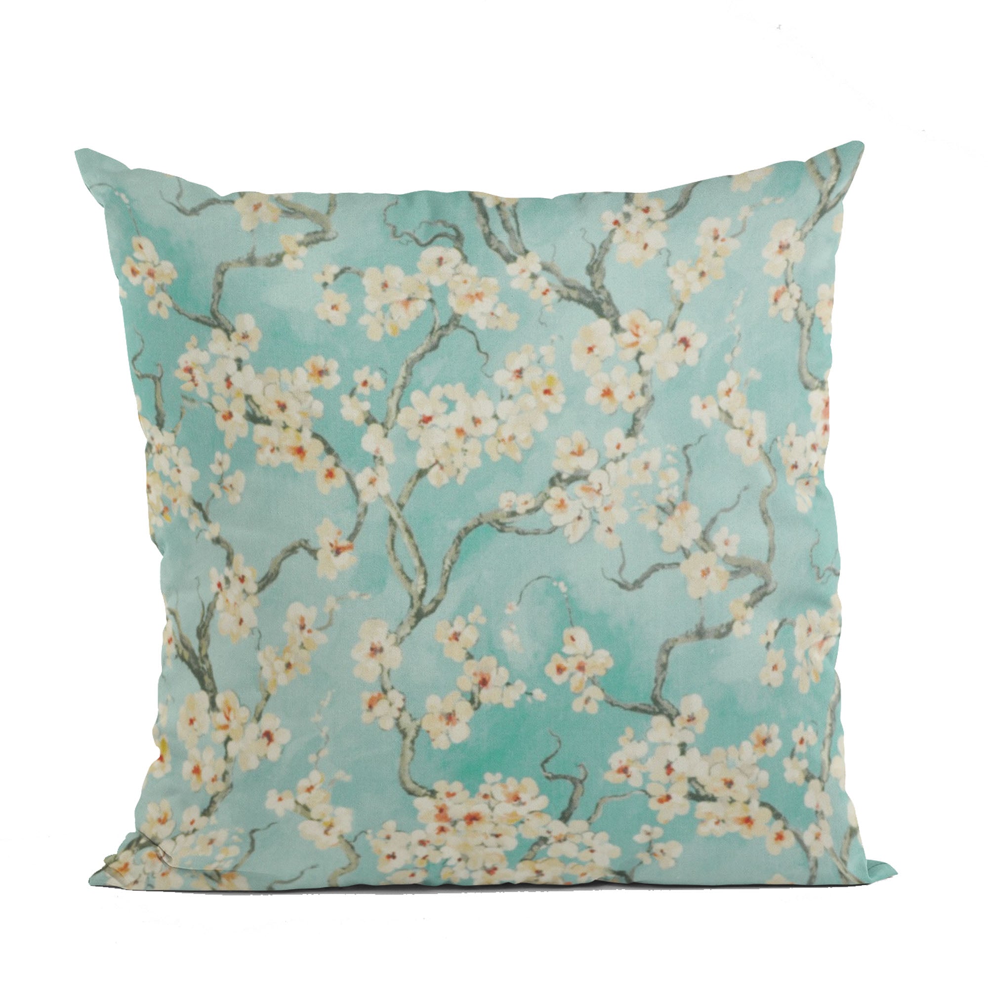 Plutus Spa Garden Cherry Blossoms Printed Pillow showcasing a beautiful cherry blossom design on a linen-like fabric, perfect for home decor.