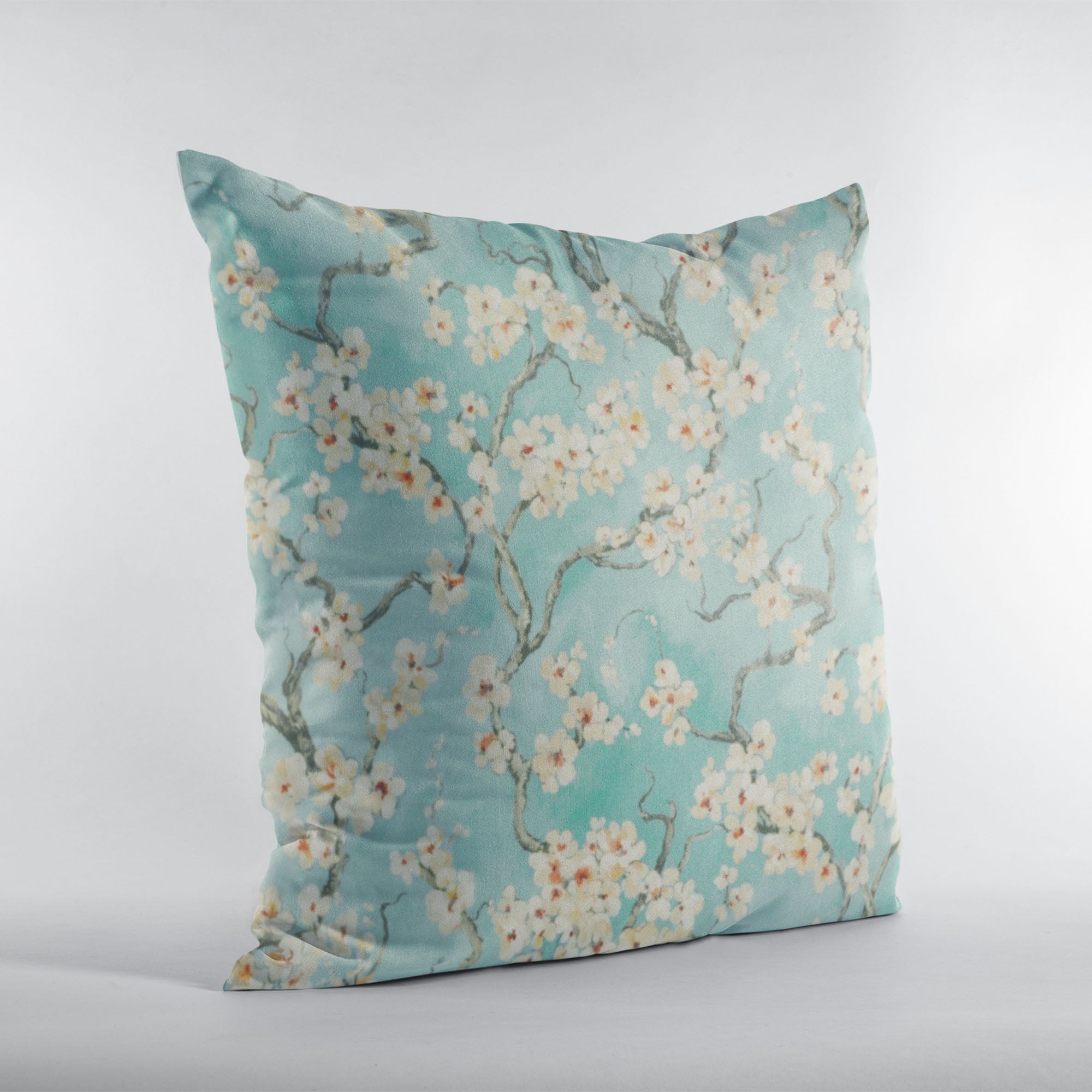 Plutus Spa Garden Cherry Blossoms Printed Pillow showcasing a beautiful cherry blossom design on a linen-like fabric, perfect for home decor.