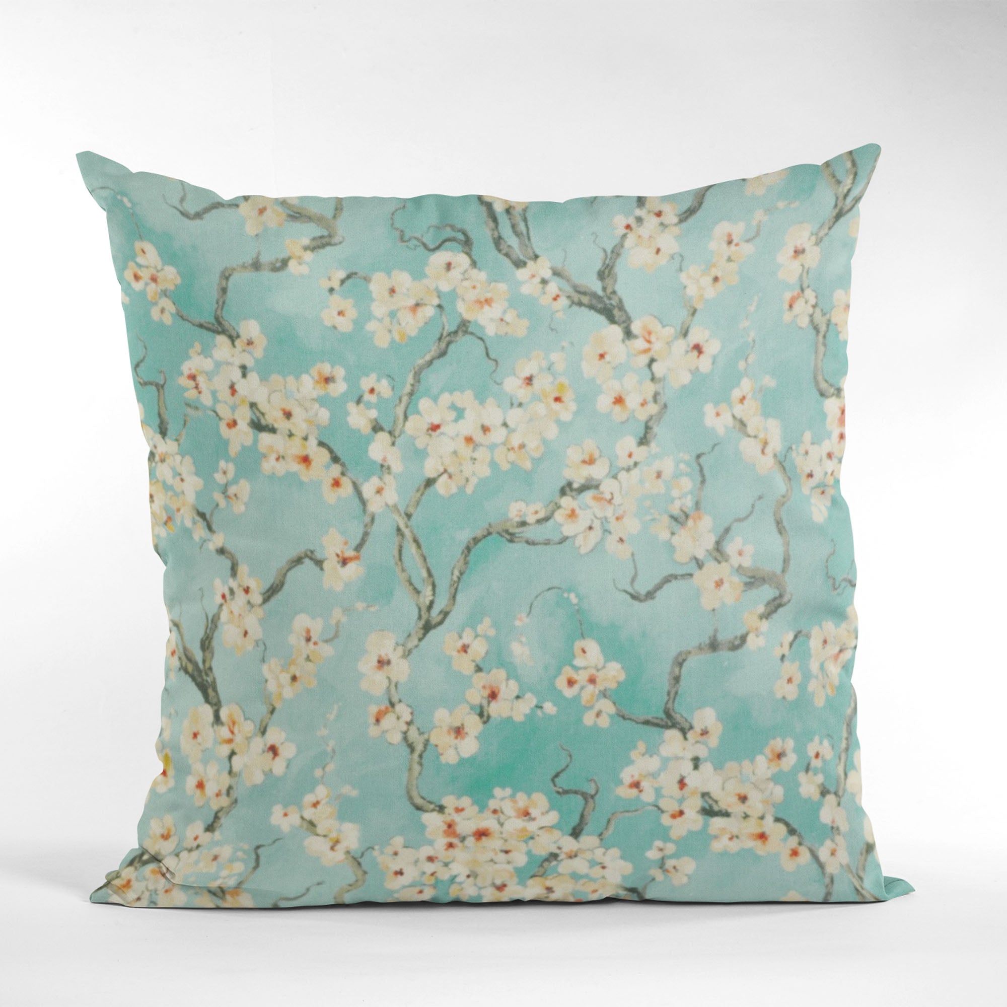 Plutus Spa Garden Cherry Blossoms Printed Pillow showcasing a beautiful cherry blossom design on a linen-like fabric, perfect for home decor.