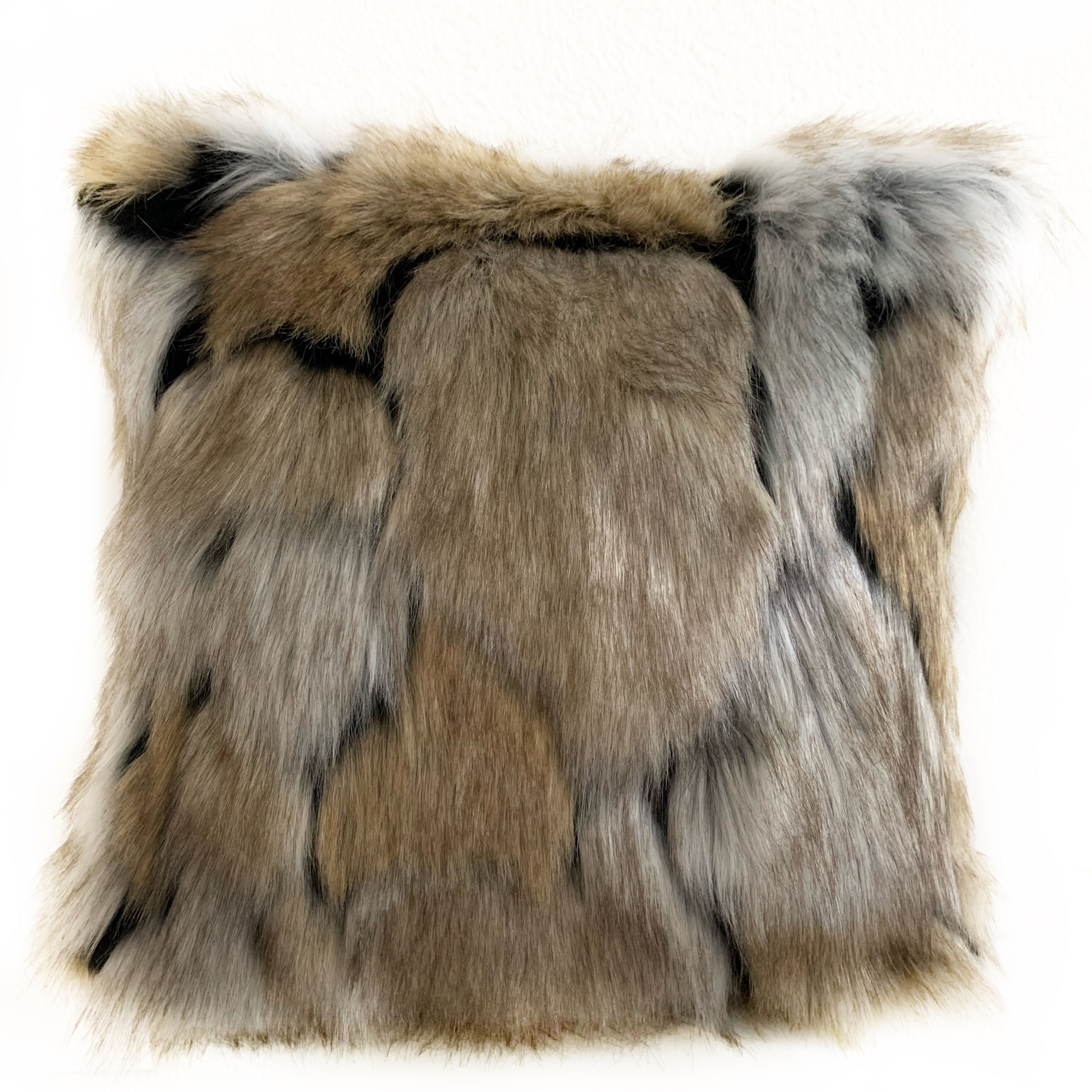 Plutus Taupe and Black Wild Wolf Faux Fur Luxury Throw Pillow showcasing a stylish animal pattern with a soft acrylic texture.