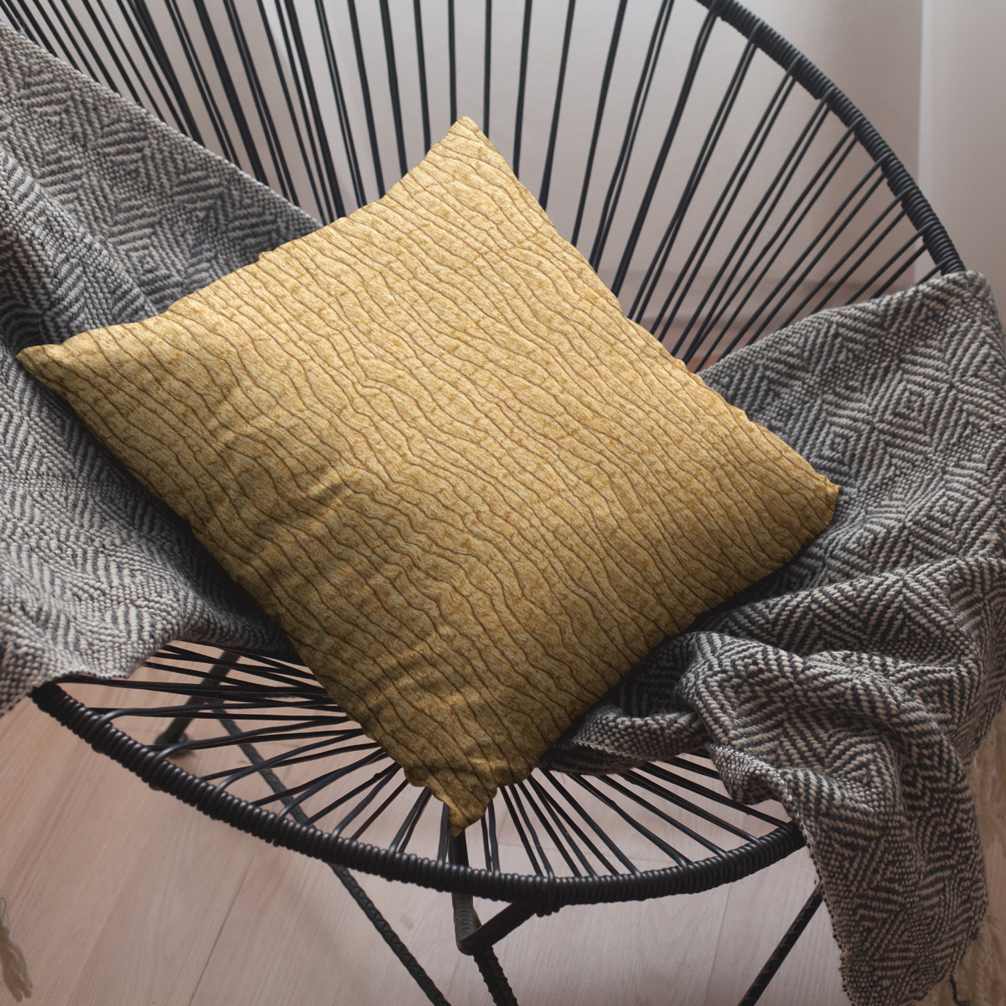 Plutus Yellow Desert Lines Faux Fur Luxury Throw Pillow showcasing a vibrant yellow color and desert pattern, perfect for elegant home decor.