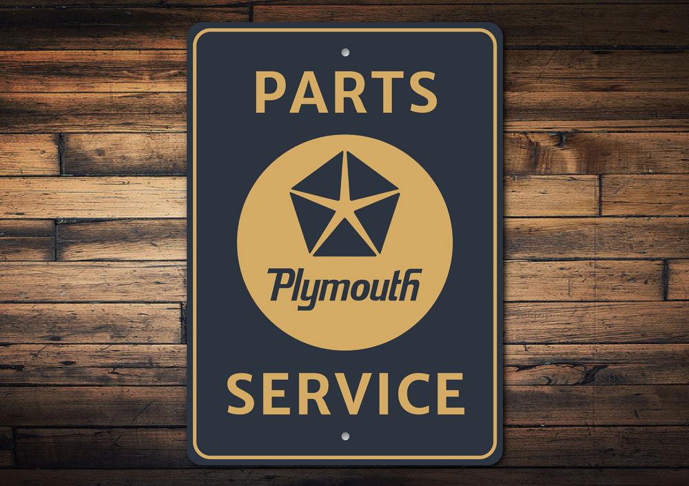 Plymouth Parts and Service Sign made of high-quality aluminum, featuring customizable text and pre-drilled holes for easy mounting.