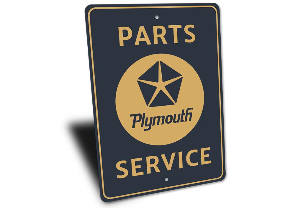 Plymouth Parts and Service Sign made of high-quality aluminum, featuring customizable text and pre-drilled holes for easy mounting.