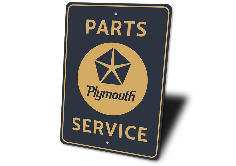 Plymouth Parts and Service Sign made of high-quality aluminum, featuring customizable text and pre-drilled holes for easy mounting.