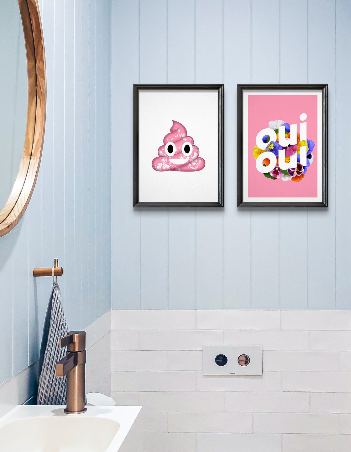 A humorous art print featuring a cheeky emoji poo and the French phrase 'Oui Oui', perfect for bathroom decor.