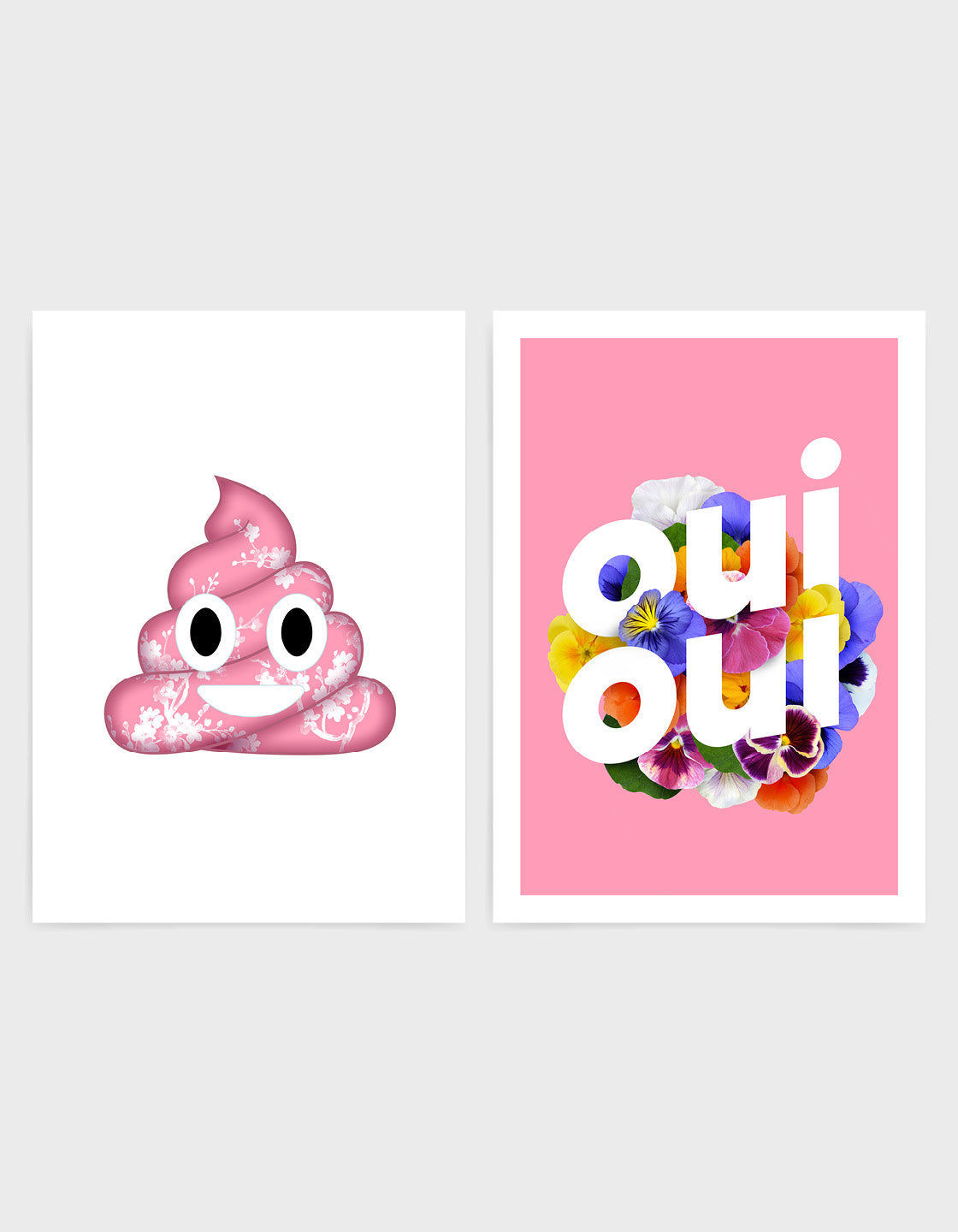 A humorous art print featuring a cheeky emoji poo and the French phrase 'Oui Oui', perfect for bathroom decor.