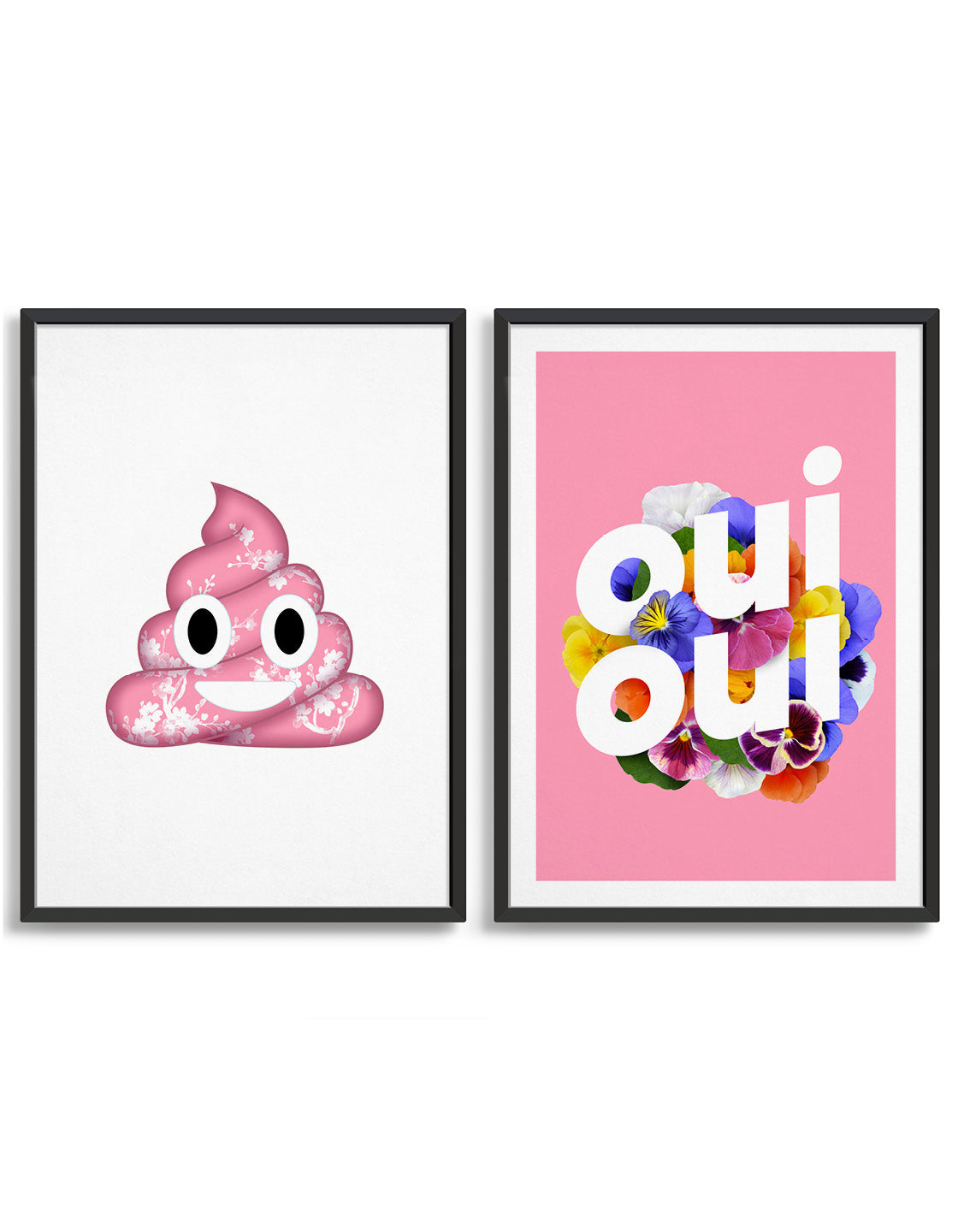 A humorous art print featuring a cheeky emoji poo and the French phrase 'Oui Oui', perfect for bathroom decor.