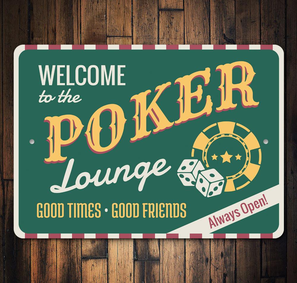 Poker Lounge Welcome Sign made of high-quality aluminum, featuring a stylish design perfect for game rooms and man caves.