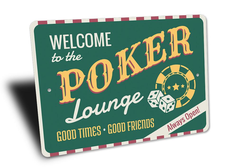 Poker Lounge Welcome Sign made of high-quality aluminum, featuring a stylish design perfect for game rooms and man caves.