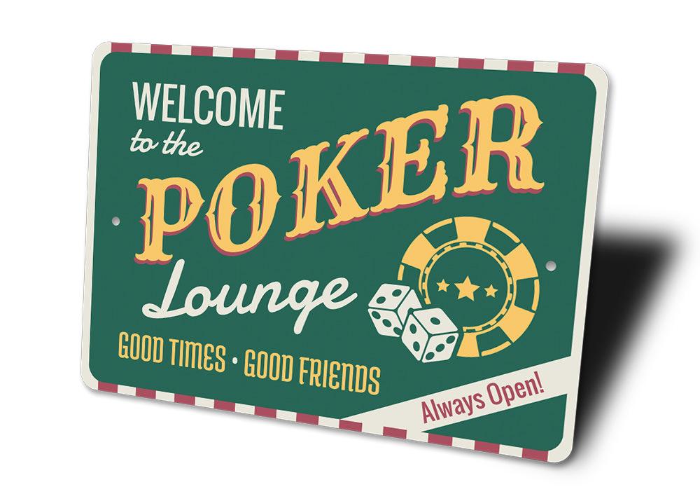 Poker Lounge Welcome Sign made of high-quality aluminum, featuring a stylish design perfect for game rooms and man caves.