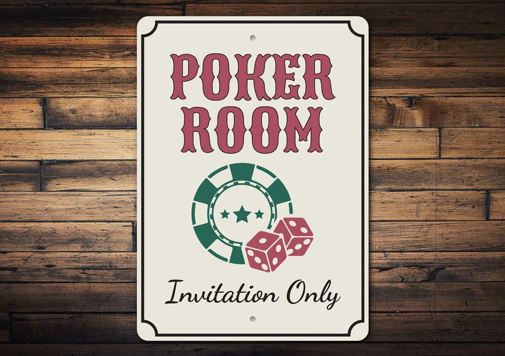 Poker Room Invitation Only Sign made of high-quality aluminum, featuring a decorative design perfect for game rooms and man caves.