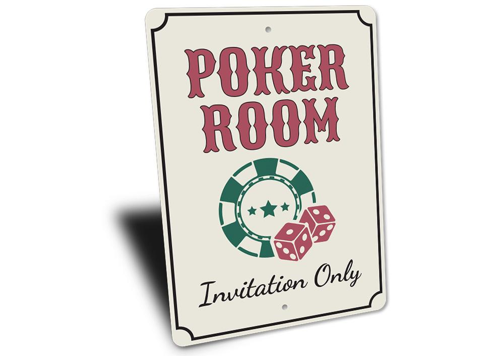 Poker Room Invitation Only Sign made of high-quality aluminum, featuring a decorative design perfect for game rooms and man caves.