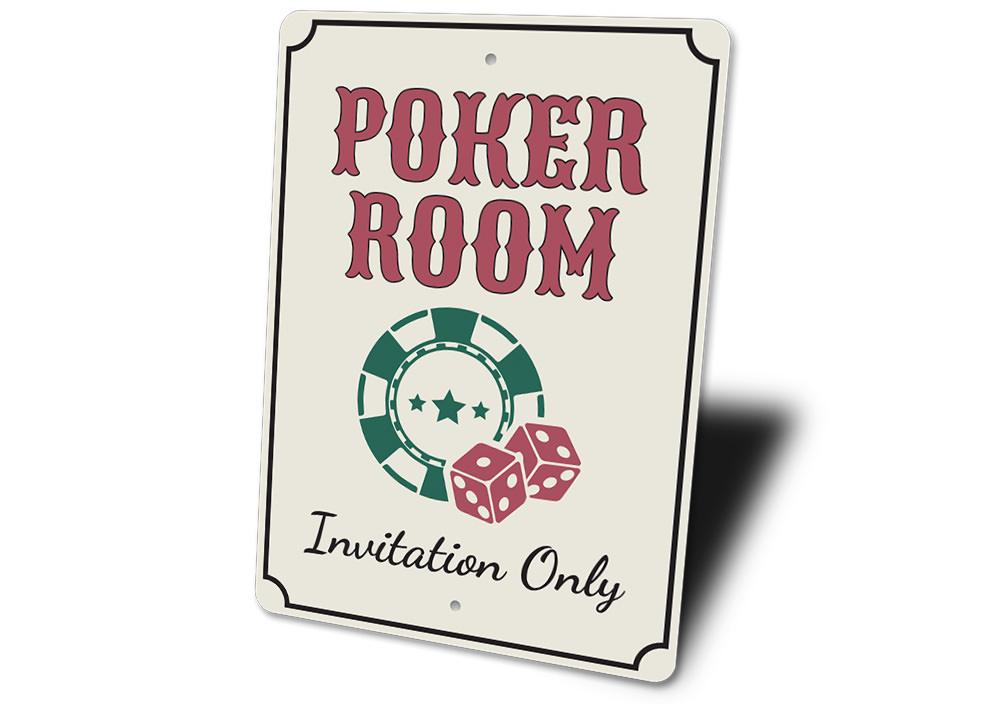 Poker Room Invitation Only Sign made of high-quality aluminum, featuring a decorative design perfect for game rooms and man caves.