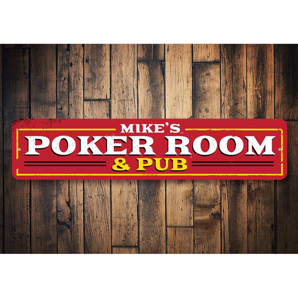 Customizable Poker Room & Pub Sign made from high-quality aluminum, featuring pre-drilled holes for easy mounting.