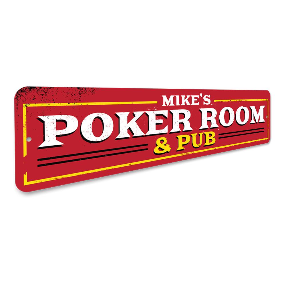 Customizable Poker Room & Pub Sign made from high-quality aluminum, featuring pre-drilled holes for easy mounting.