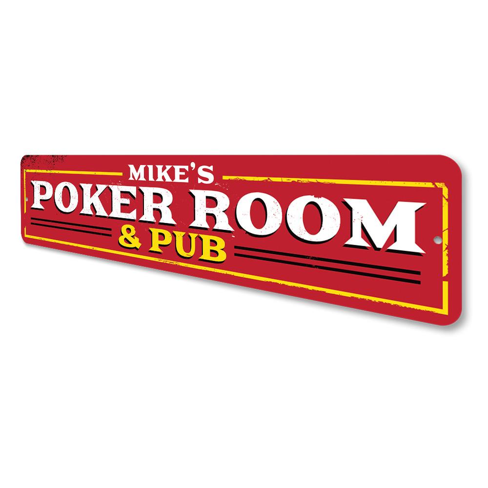 Customizable Poker Room & Pub Sign made from high-quality aluminum, featuring pre-drilled holes for easy mounting.