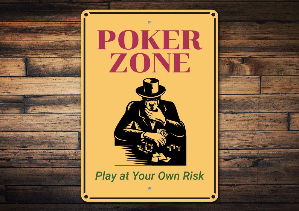 Customizable Poker Zone Sign made from high-quality aluminum, perfect for game rooms and man caves.