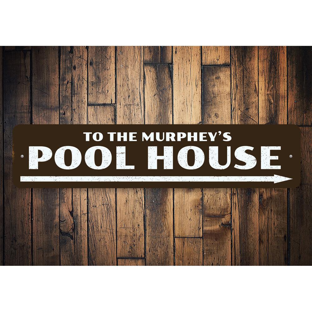 Customizable Pool House Sign made of durable aluminum, featuring pre-drilled holes for easy mounting, perfect for lakehouse decor.