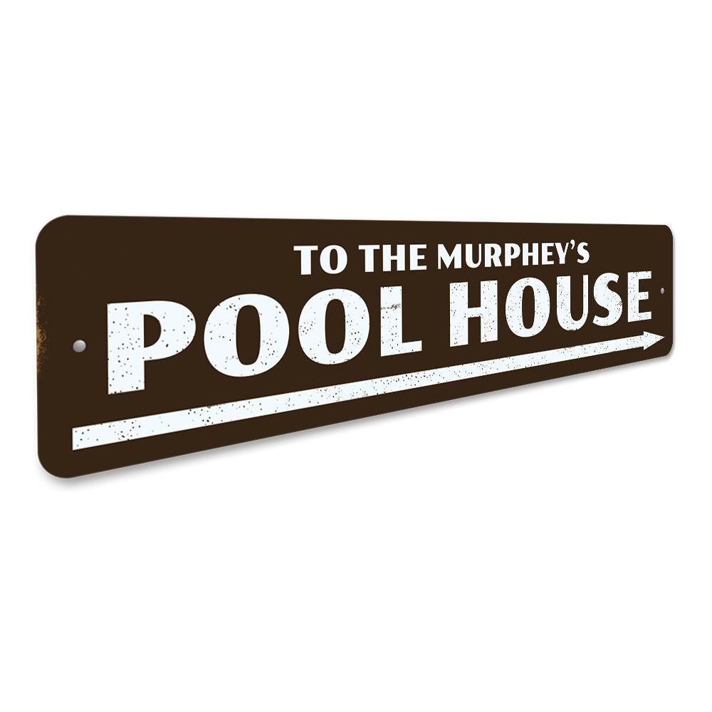 Customizable Pool House Sign made of durable aluminum, featuring pre-drilled holes for easy mounting, perfect for lakehouse decor.