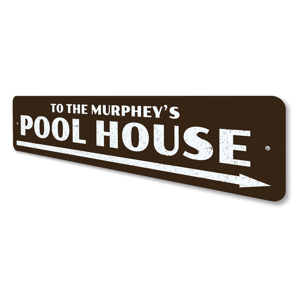 Customizable Pool House Sign made of durable aluminum, featuring pre-drilled holes for easy mounting, perfect for lakehouse decor.