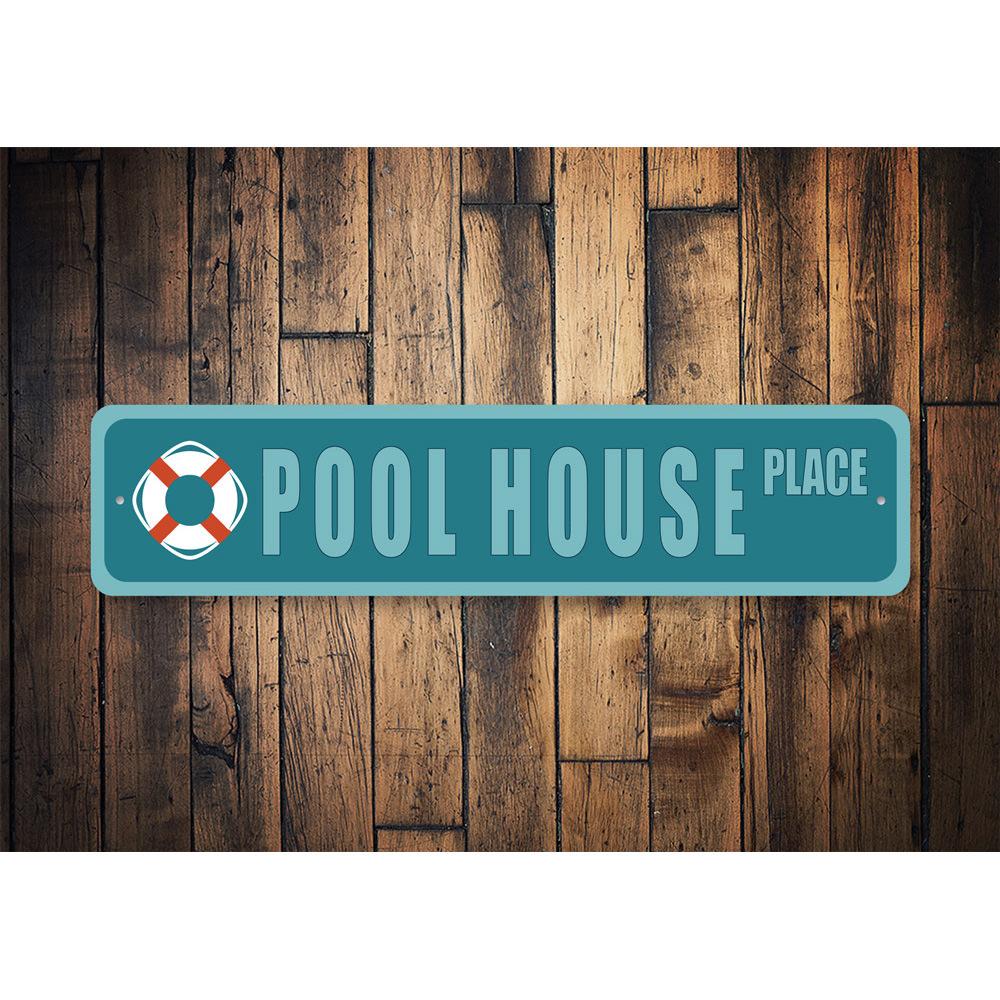 Custom Pool House Street Sign made from durable aluminum, featuring vibrant colors and personalized text options.