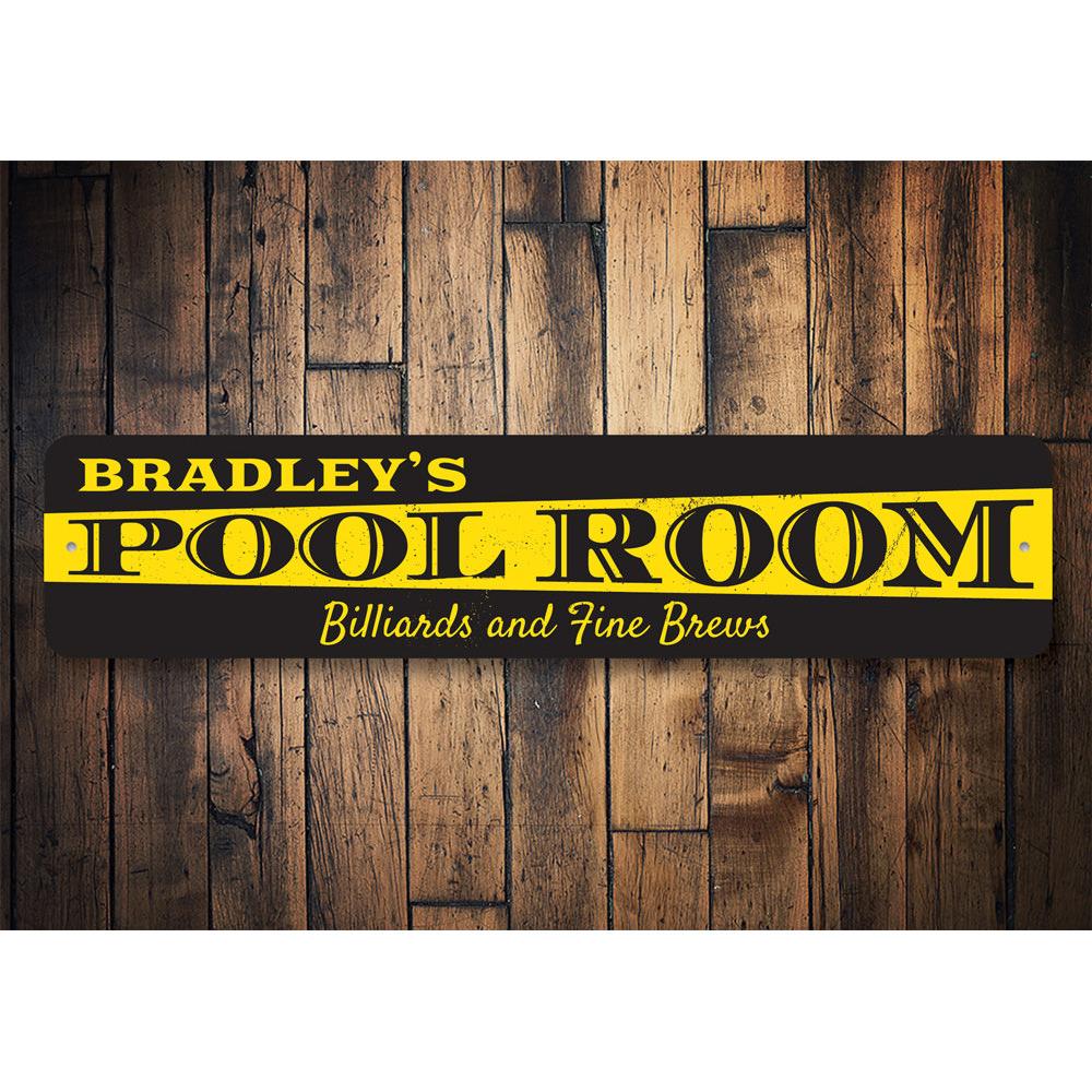 Customizable Pool Room Sign made from durable aluminum, featuring pre-drilled holes for easy mounting.