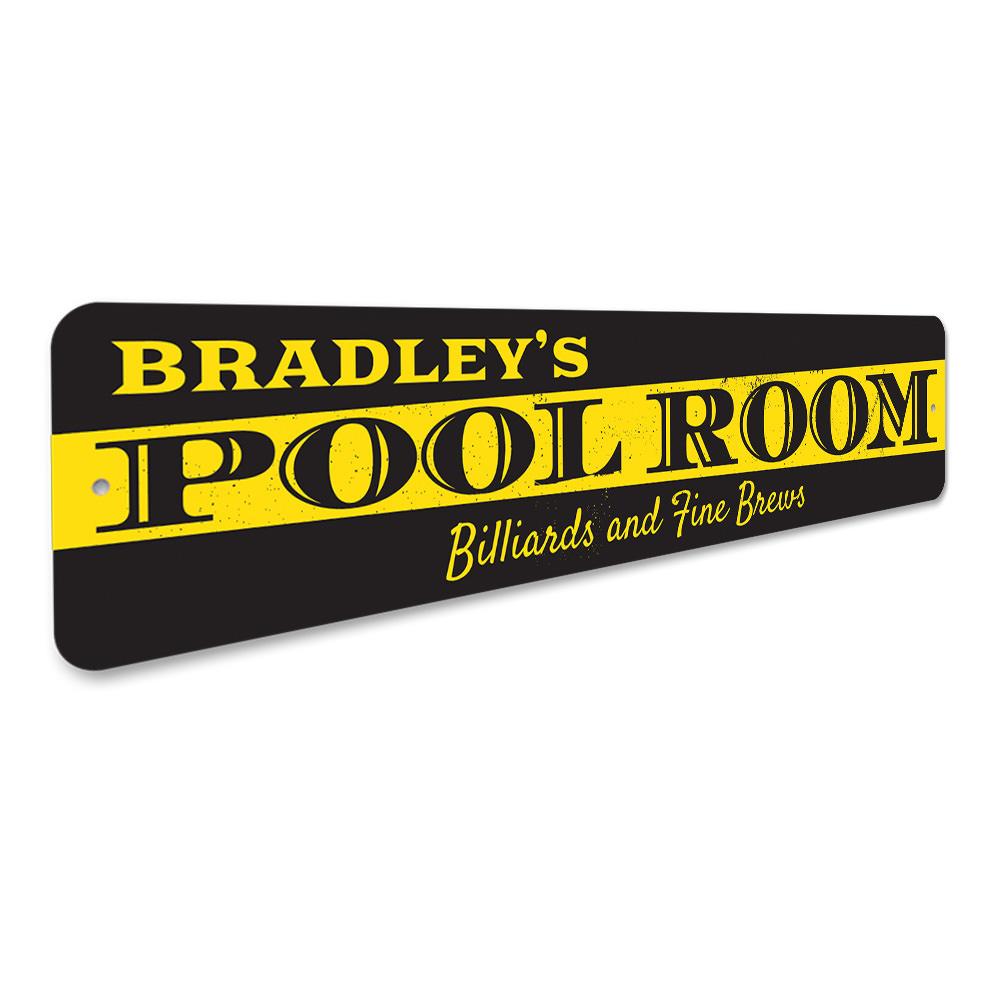 Customizable Pool Room Sign made from durable aluminum, featuring pre-drilled holes for easy mounting.