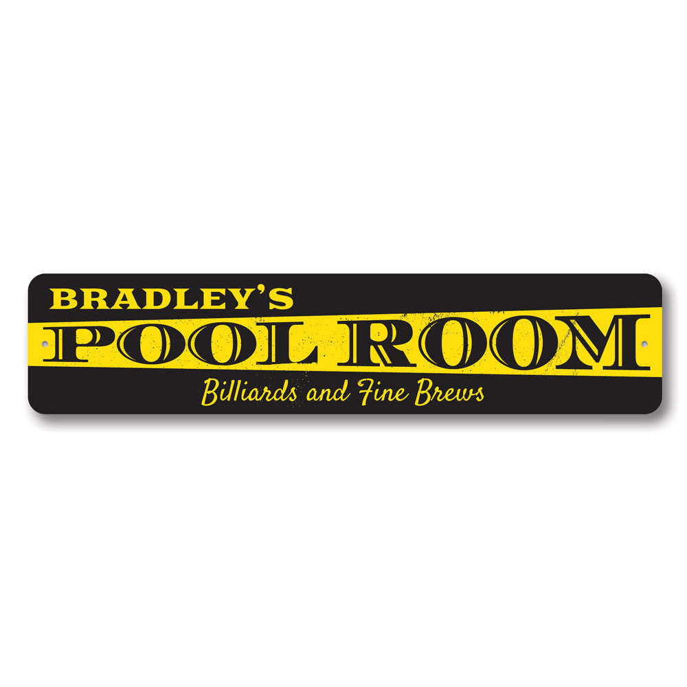 Customizable Pool Room Sign made from durable aluminum, featuring pre-drilled holes for easy mounting.