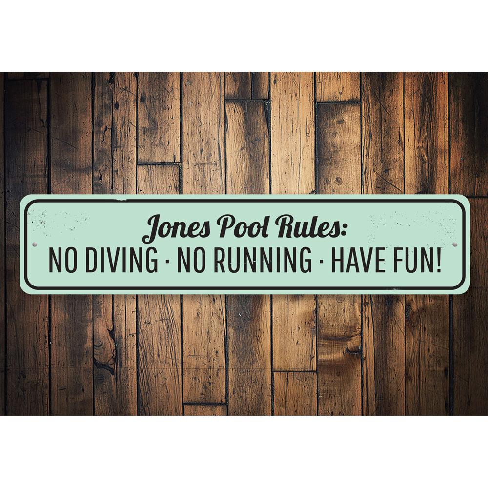 Customizable Pool Rules Sign made of durable aluminum, featuring pre-drilled holes for easy mounting, perfect for enhancing pool safety and decor.