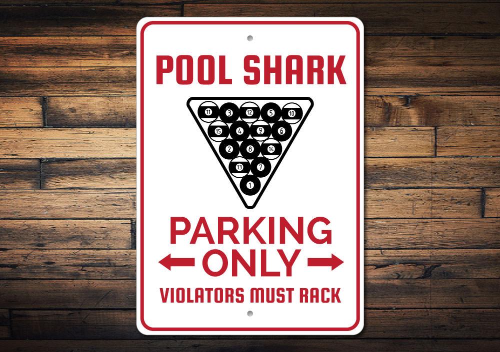 A vibrant Pool Shark Parking Sign made of durable aluminum, featuring a playful shark design, perfect for reserving parking spots.